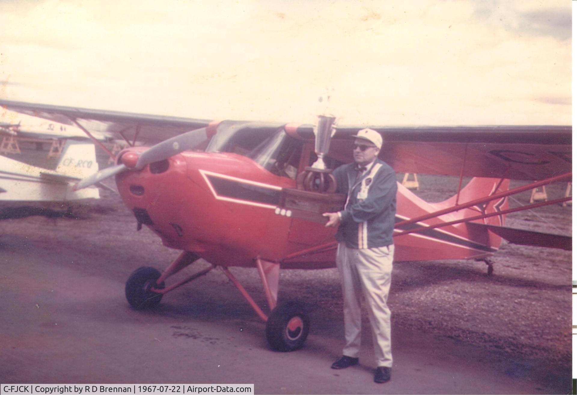 C-FJCK, 1946 Aeronca 11AC CONV X Chief C/N 11BC-362X, Rebuilt after crash in Peace River and won best rebuilt antique aircraft By R. B. Brennan at Klondike Days Fly in Municipal airport Edmonton, Alberta, Canada late 1960's