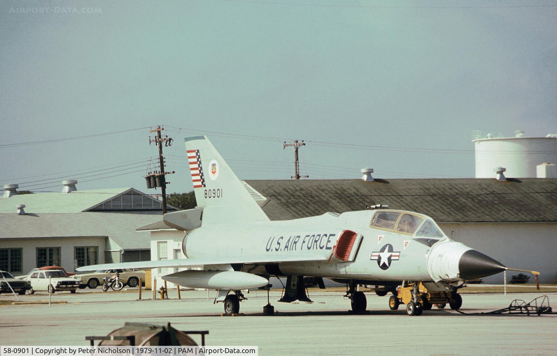 58-0901, 1958 Convair F-106B Delta Dart C/N 8-27-43, F-106B Delta Dart of the 95th Fighter Interceptor Training Squadron at Tyndall AFB in November 1979.