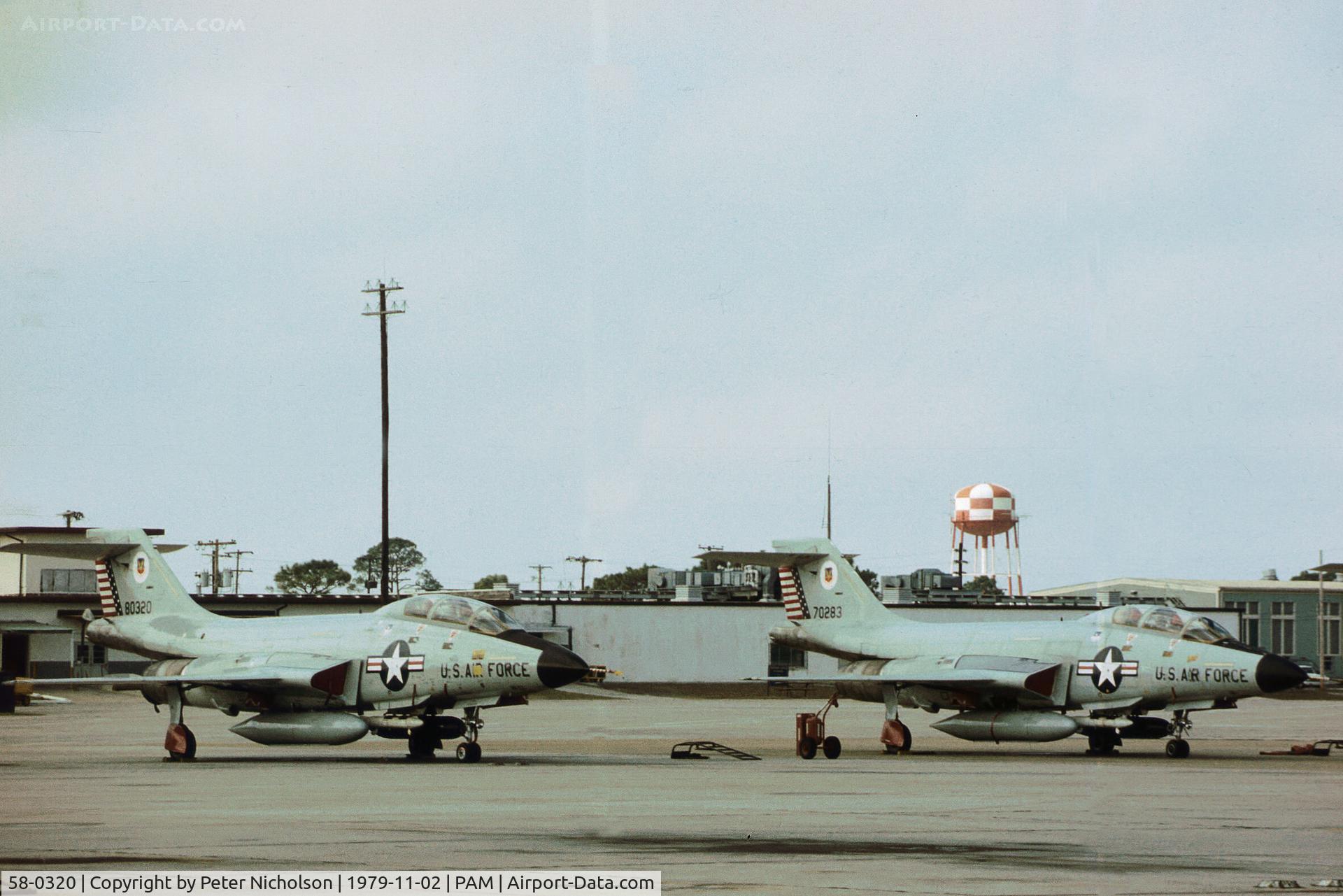 58-0320, 1958 McDonnell F-101B Voodoo C/N 692, F-101B Voodoo with companion 57-0283 at Tyndall AFB in November 1979.