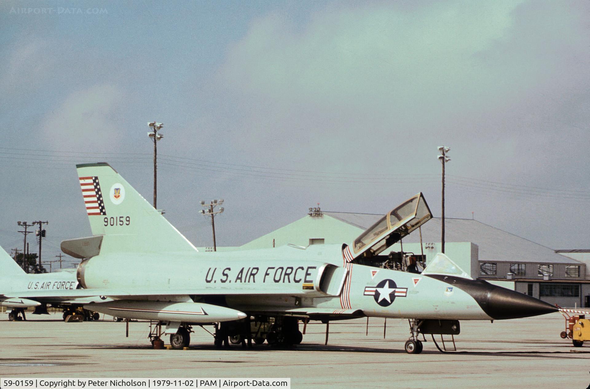 59-0159, 1959 Convair F-106B Delta Dart C/N 8-32-11, F-106B Delta Dart of the 95th Fighter Interceptor Training Squadron at Tyndall AFB in November 1979.