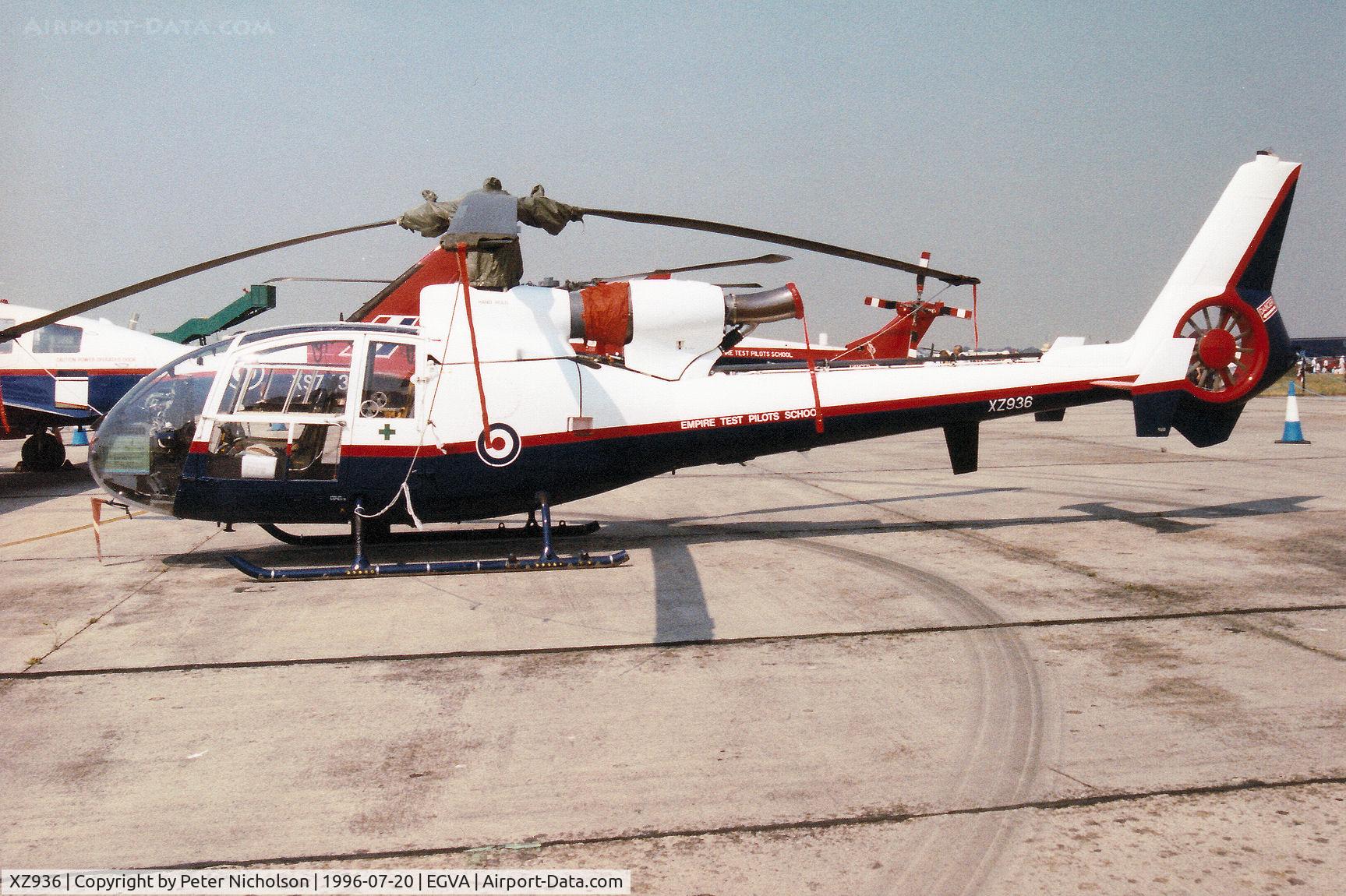 XZ936, Westland SA-341D Gazelle HT3 C/N WA1743, Gazelle HT.3 of the Empire Test Pilots School at Boscombe Down on display at the 1996 Royal Intnl Air Tattoo at RAF Fairford.