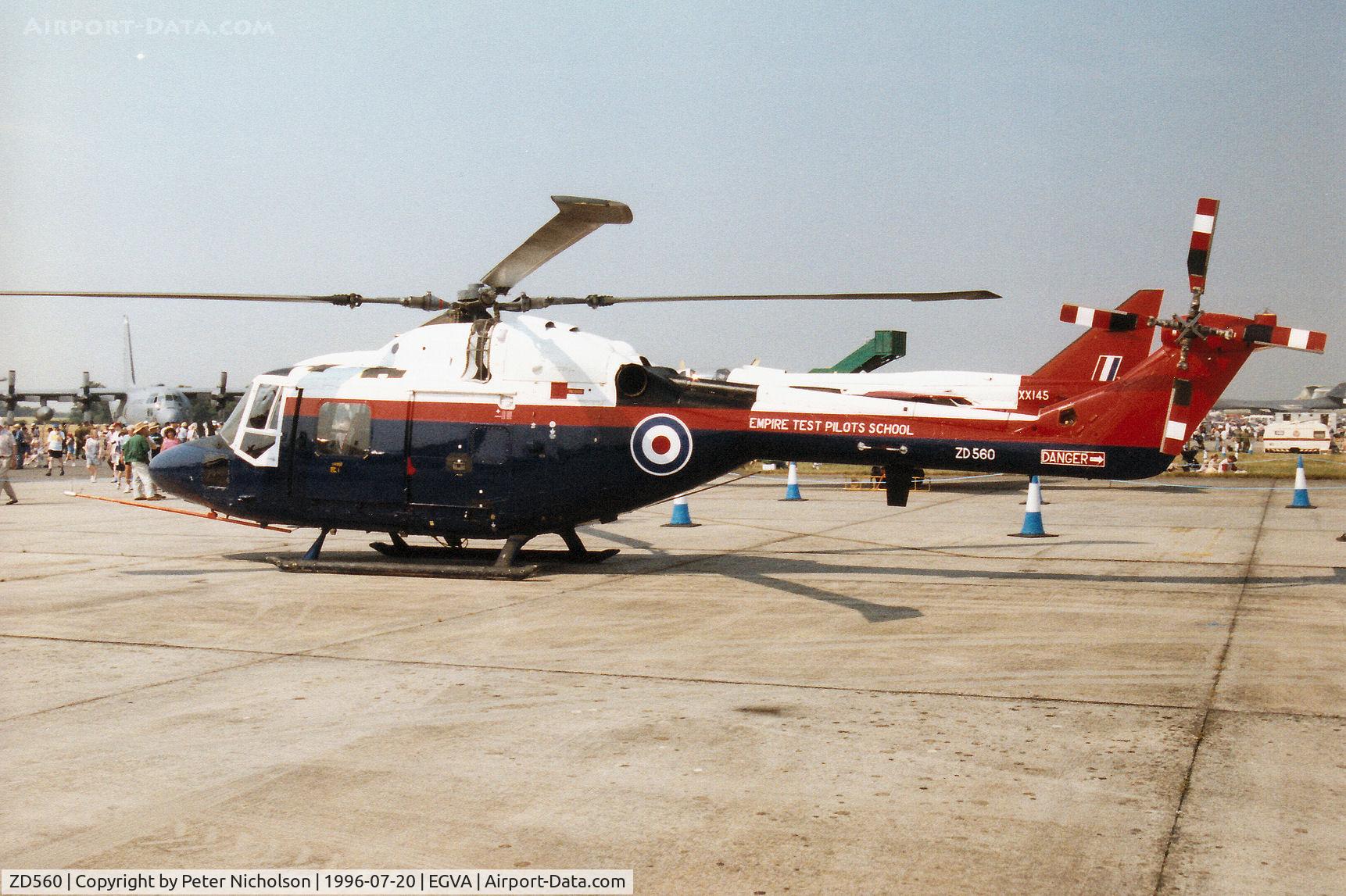 ZD560, 1987 Westland Lynx AH.7 C/N 333, Mk.7 Lynx of the Empire Test Pilots School at Boscombe Down on display at the 1996 Royal Intnl Air Tattoo at RAF Fairford.