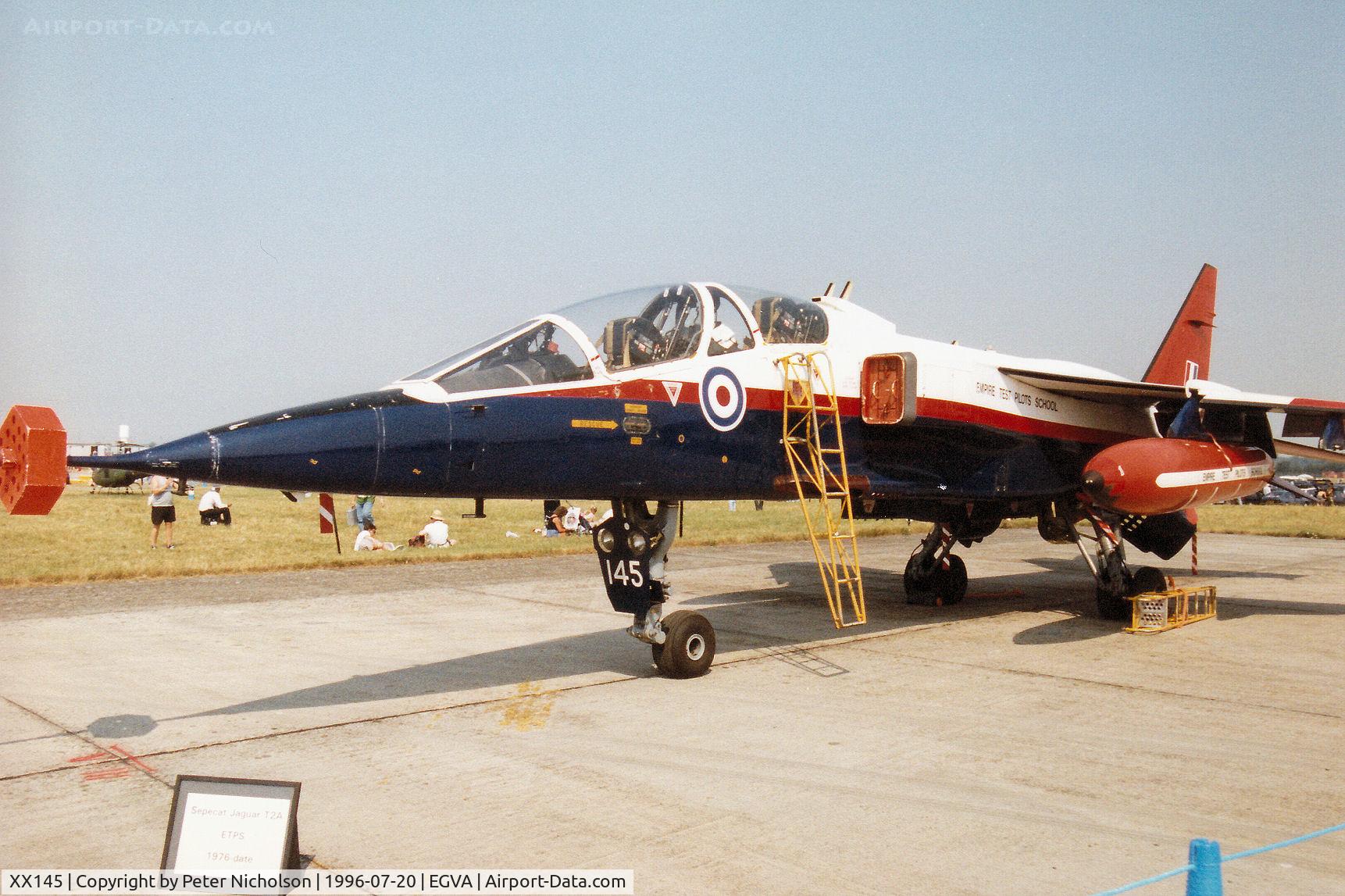 XX145, 1974 Sepecat Jaguar T.2 C/N B.10, Jaguar T.2 of the Empire Test Pilots School at Boscombe Down on display at the 1996 Royal Intnl Air Tattoo at RAF Fairford.