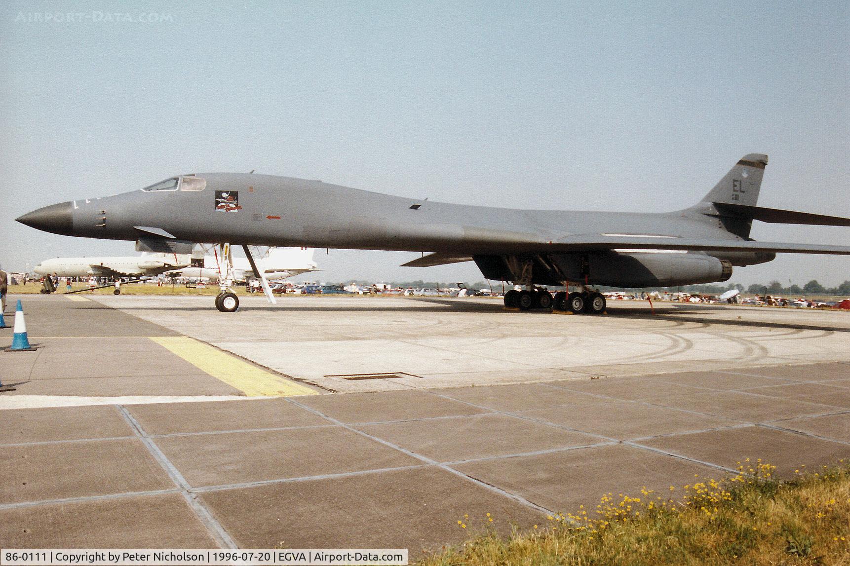86-0111, 1986 Rockwell B-1B Lancer C/N 71, B-1B Lancer named Dakota Lightning of the 37th Bomb Squadron/28th Bomb Wing at Ellsworth AFB on display at the 1996 Royal Intnl Air Tattoo at RAF Fairford.