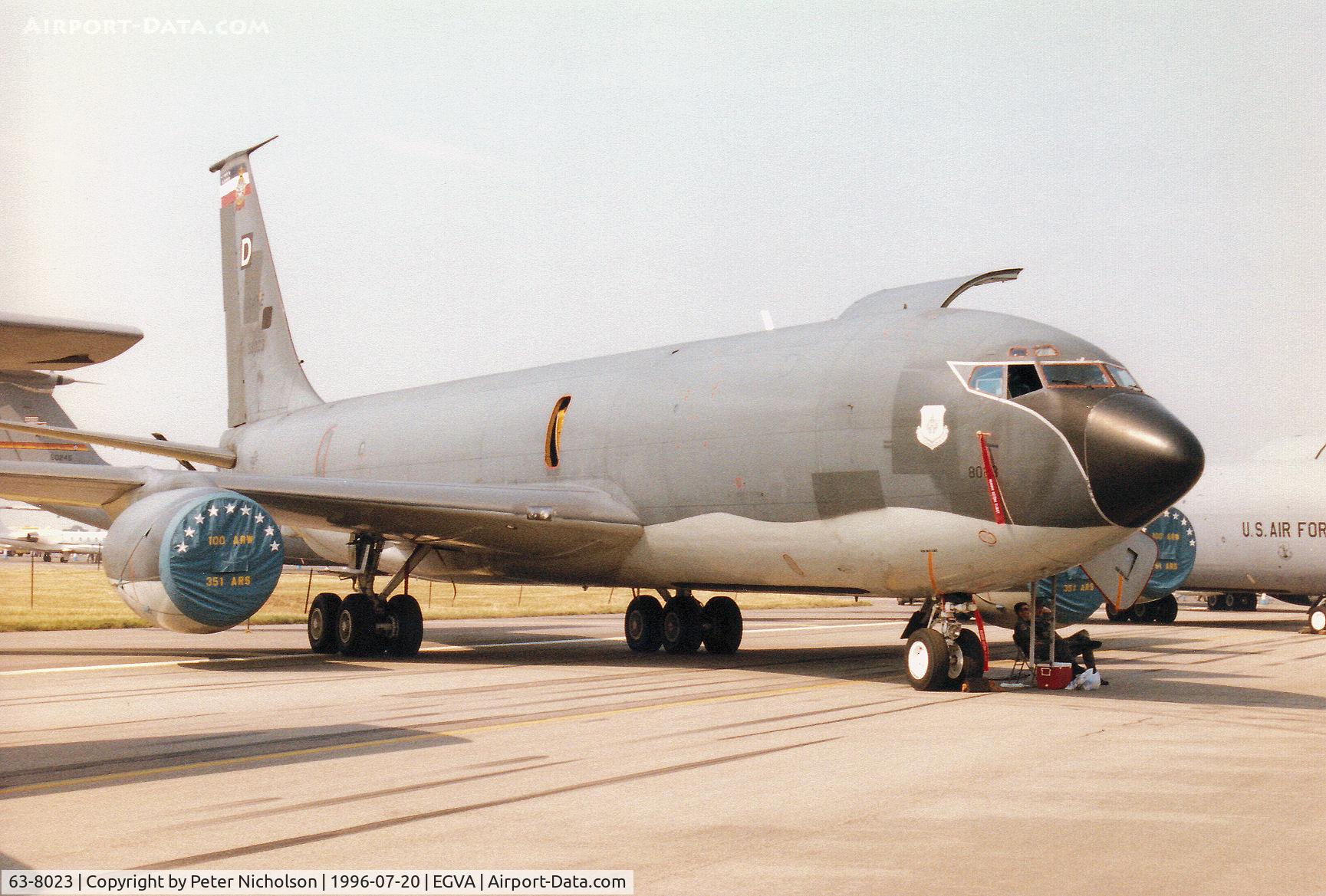 63-8023, 1963 Boeing KC-135R Stratotanker C/N 18640, KC-135R Stratotanker of RAF Mildenhall's 351st Air Refuelling Squadron/100th Air Refuelling Wing on display at the 1996 Royal Intnl Air Tattoo at RAF Fairford.