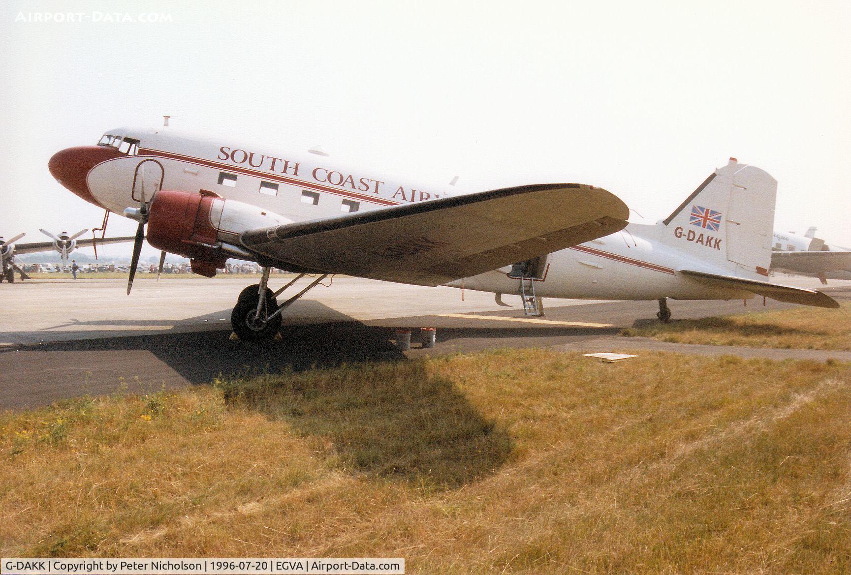 G-DAKK, 1942 Douglas DC-3C-S1C3G (C-47A) C/N 9798, DC-3C of South Coast Airways operated a charter flight to the 1996 Royal Intnl Air Tattoo at RAF Fairford.