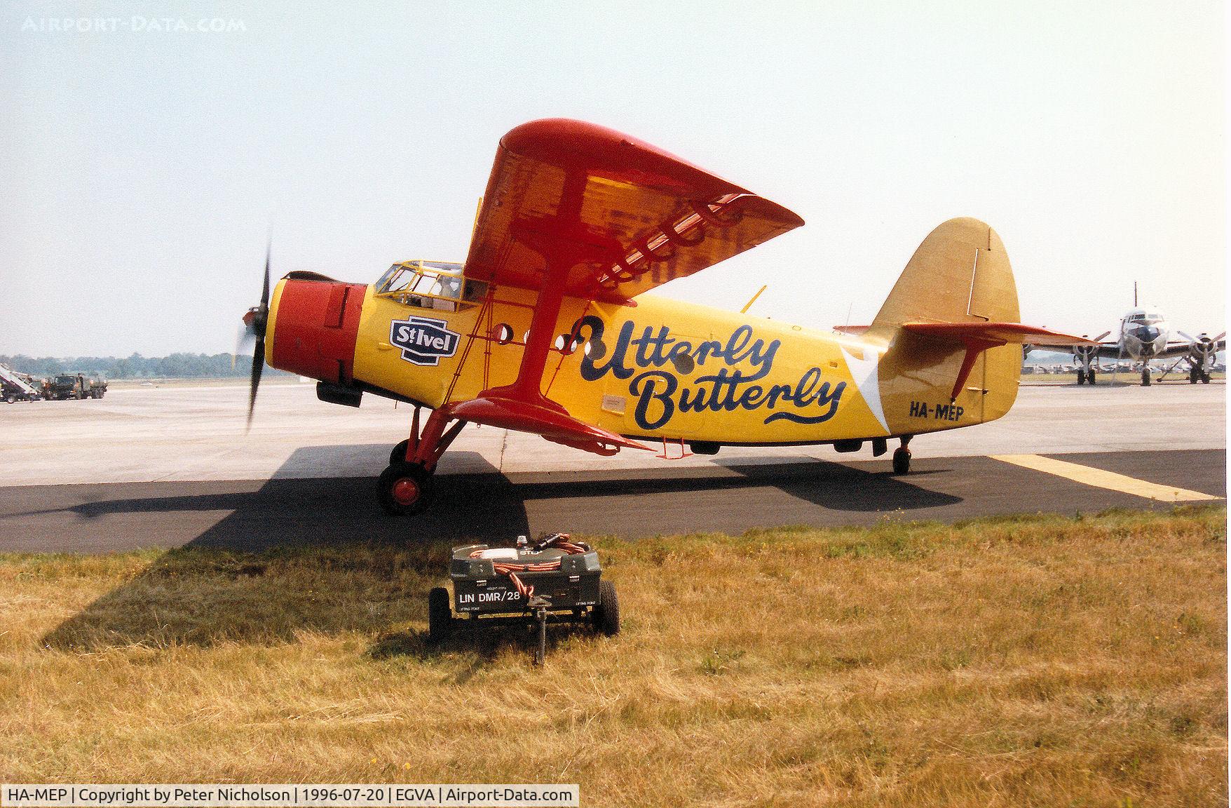 HA-MEP, 1980 Antonov An-2R C/N 1G190-25, An-2R Colt of the Utterly Butterly display team attended the 1996 Royal Intnl Air Tattoo at RAF Fairford.