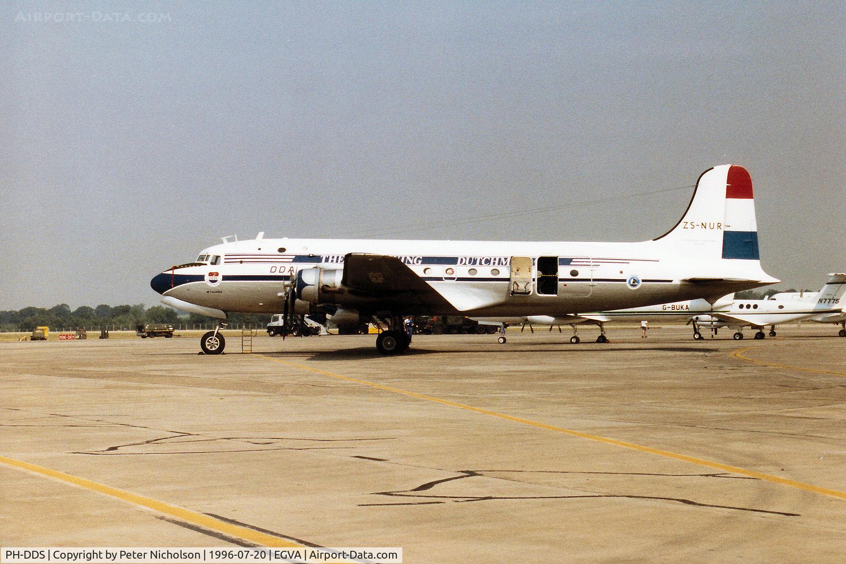 PH-DDS, 1946 Douglas DC-4-1009 Skymaster C/N 42934, DC-4 Skymaster of the Dutch Dakota Association attended the 1996 Royal Intnl Air Tattoo at RAF Fairford still wearing the former identity ZS-NUR.