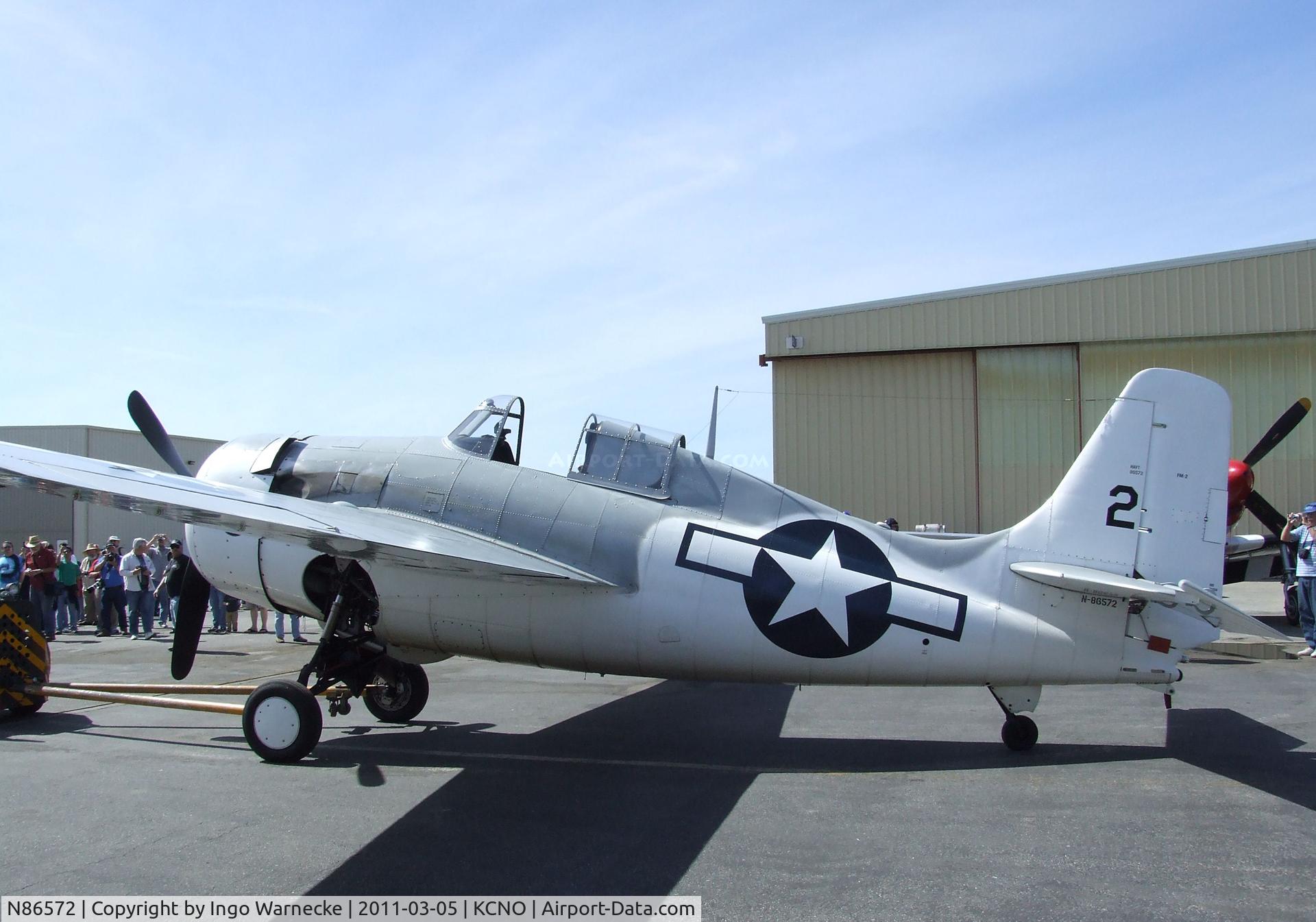 N86572, General Motors (Grumman) FM-2 Wildcat C/N 5626, Grumman (General Motors) FM-2 (F4F) Wildcat visiting for a lecture and flight demonstration at the Planes of Fame Museum, Chino CA