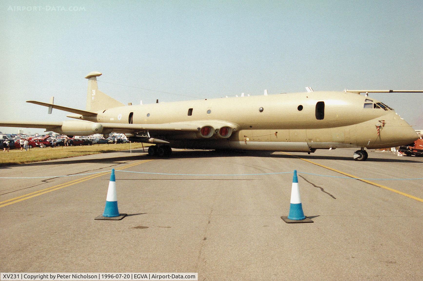 XV231, Hawker Siddeley Nimrod MR.2 C/N 8006, Nimrod MR.2 of the Kinloss Wing on display at the 1996 Royal Intnl Air Tattoo at RAF Fairford.