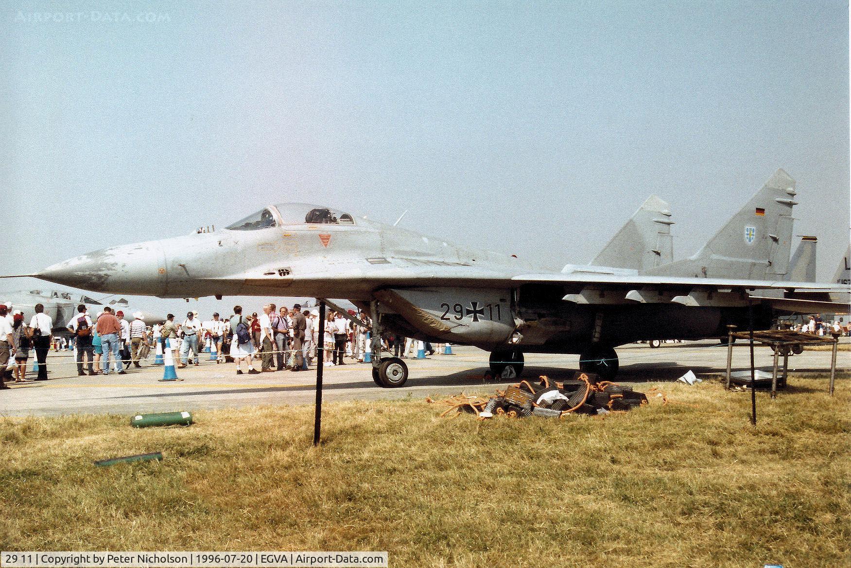 29 11, Mikoyan-Gurevich MiG-29G C/N 2960525128, German Air Force MiG-29 Fulcrum A of JG-73 based at Laage on display at the 1996 Royal Intnl Air Tattoo at RAF Fairford.