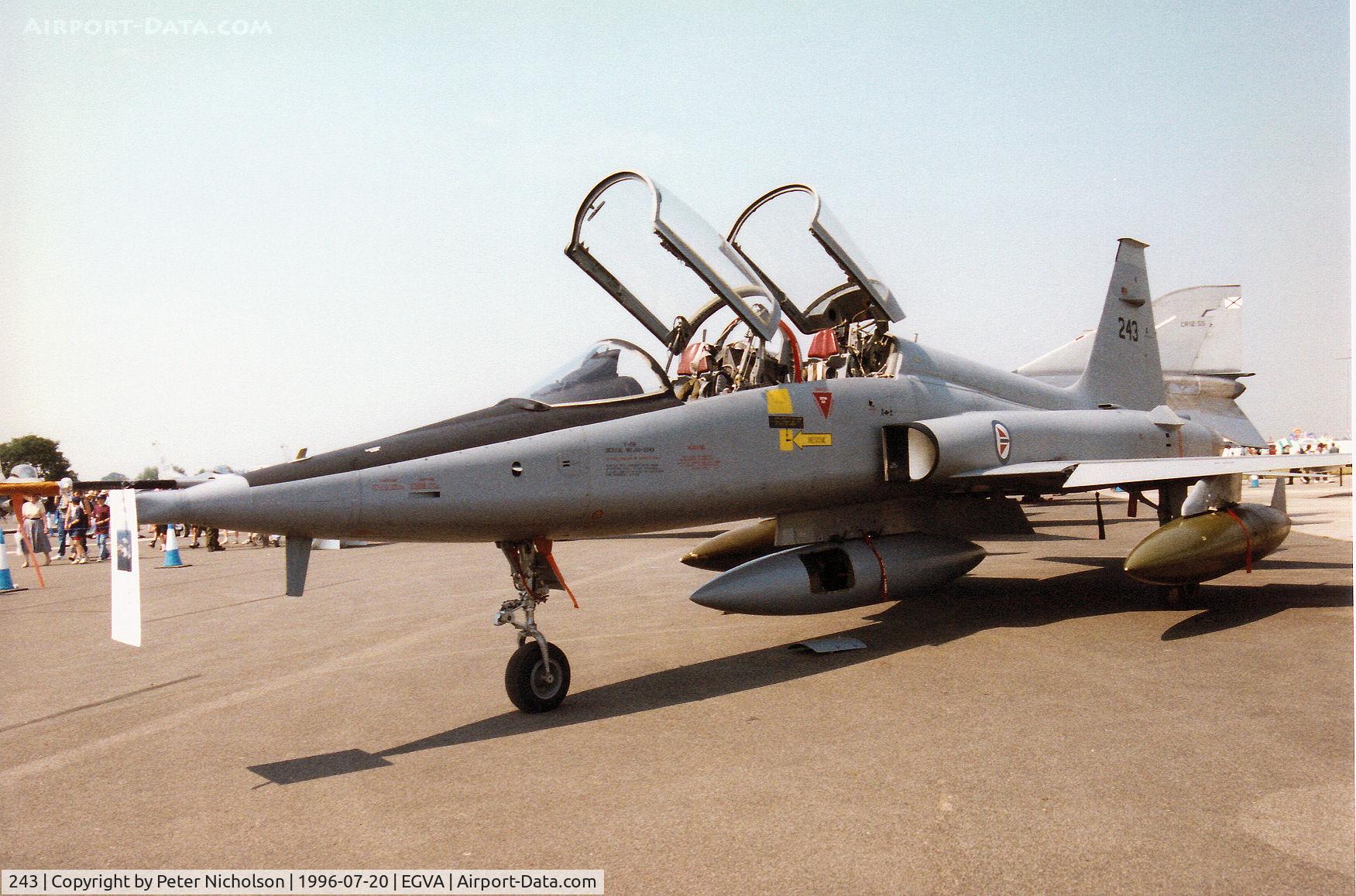 243, 1966 Northrop F-5B Freedom Fighter C/N N.9007, F-5B Freedom Fighter of 336 Skv Royal Norwegian Air Force on display at the 1996 Royal Intnl Air Tattoo at RAF Fairford.