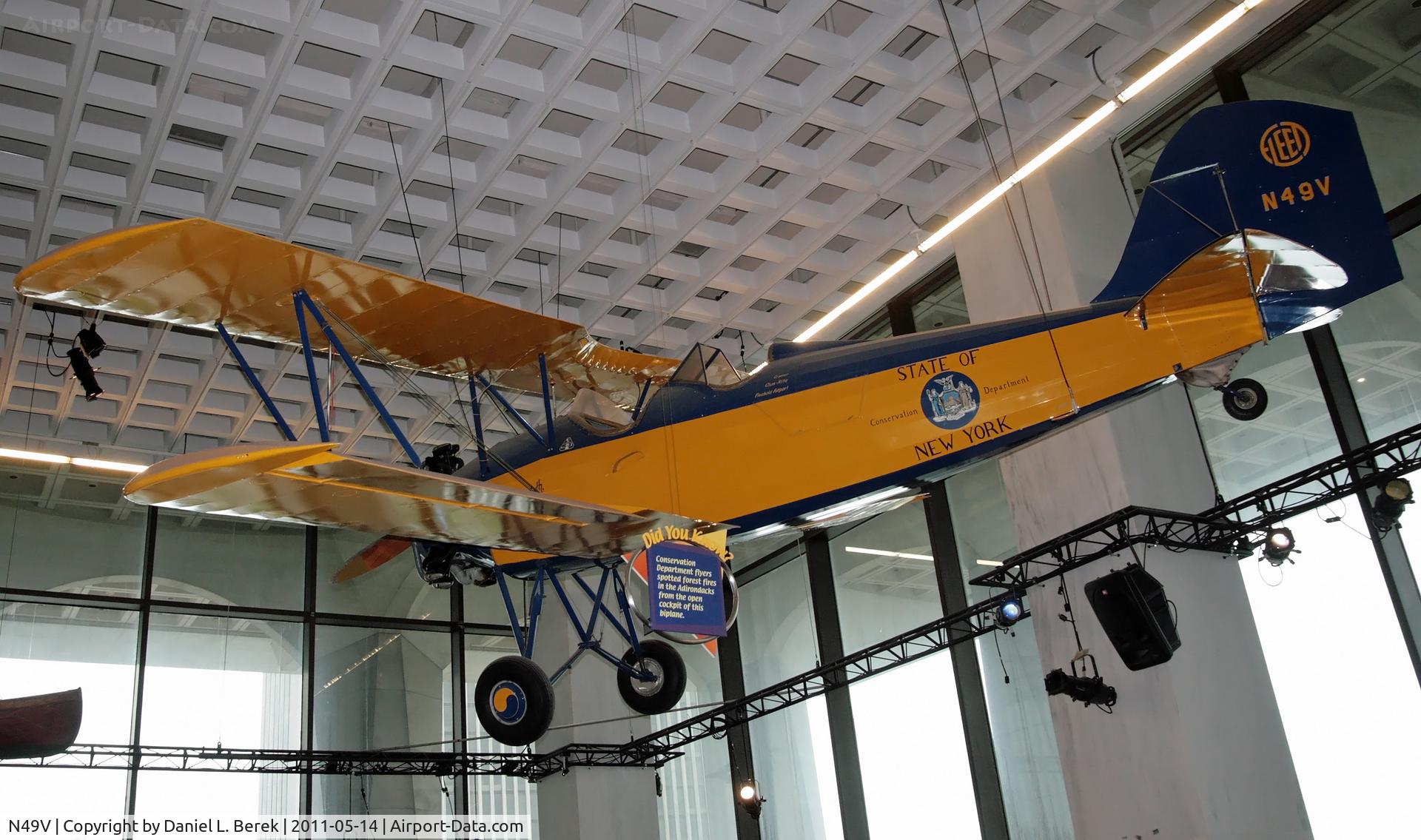 N49V, 1931 Fleet Model 8 C/N 803, The first airplane purchased by the State of New York was used to spot forest fires in the Catskill Mountains.  She has been preserved at the New York State Museum.