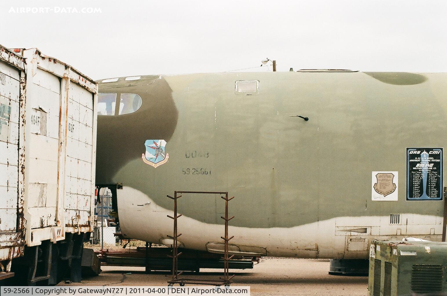 59-2566, Boeing B-52G Stratofortress C/N 464329, Originally broken up at AMARC, the nose section of this B-52G still survives just outside Stapleton Airport.