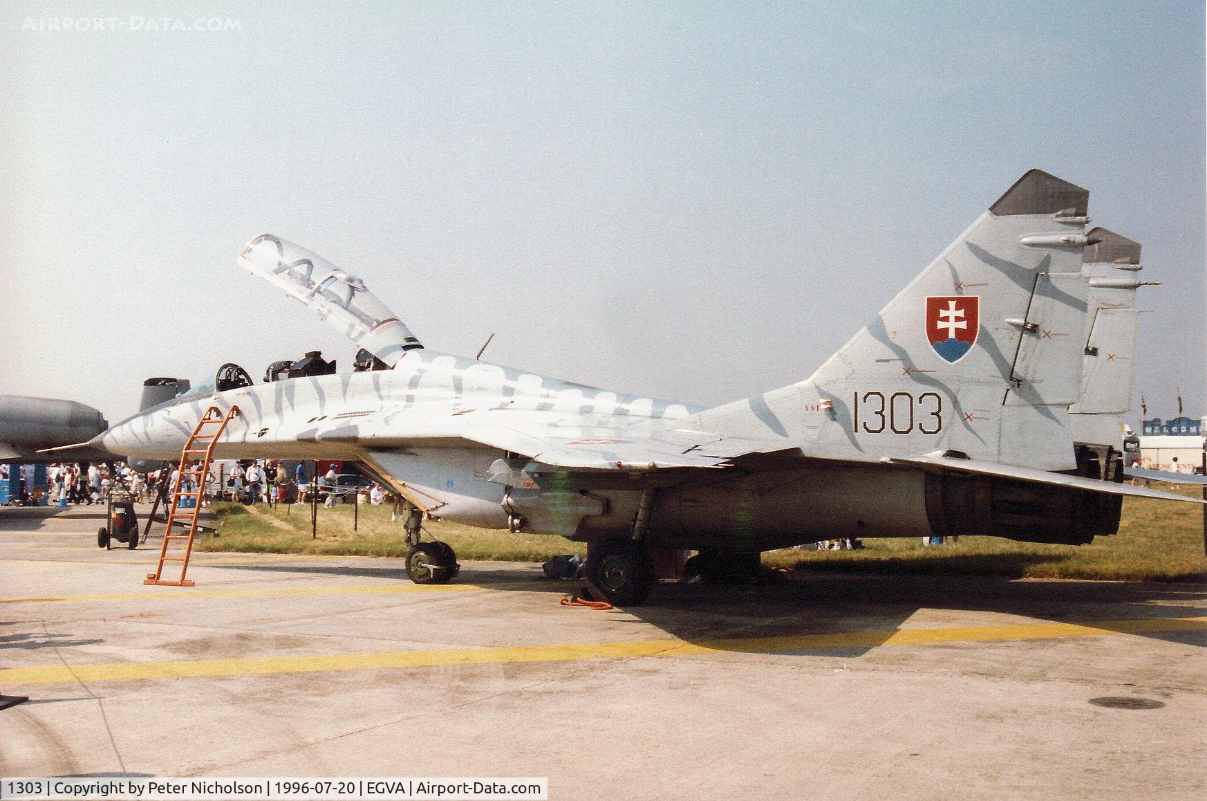 1303, Mikoyan-Gurevich MiG-29UB C/N N50903028113, MiG-29UB Fulcrum of 1 SLP Slovak Air Force on display at the 1996 Royal Intnl Air Tattoo at RAF Fairford.