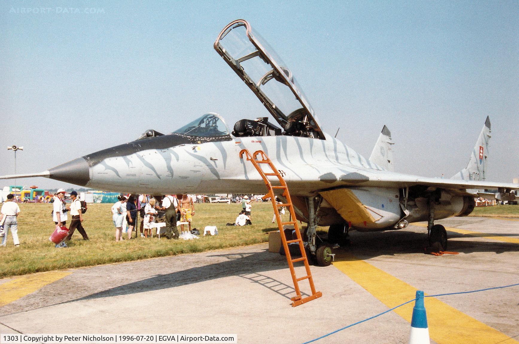 1303, Mikoyan-Gurevich MiG-29UB C/N N50903028113, Another view of the Slovak Air Force Fulcrum on display at the 1996 Royal Intnl Air Tattoo at RAF Fairford.
