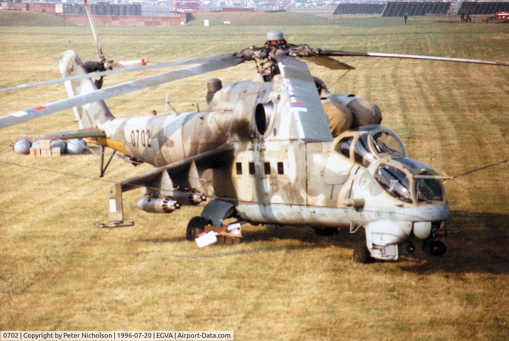 0702, Mil Mi-24V Hind E C/N 730702, Hind E of 331 Squadron Czech Air Force on display at the 1996 Royal Intnl Air Tattoo at RAF Fairford.