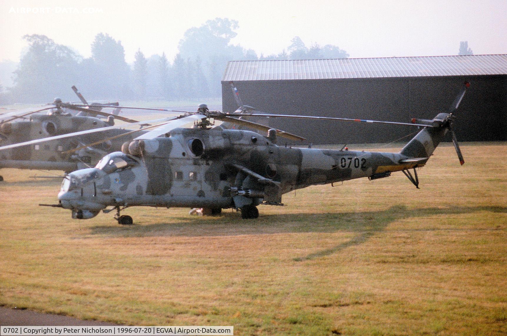 0702, Mil Mi-24V Hind E C/N 730702, Another view of the Hind E helicopter gunship of 331 Squadron Czech Air Force at the 1996 Royal Intnl Air Tattoo at RAF Fairford.