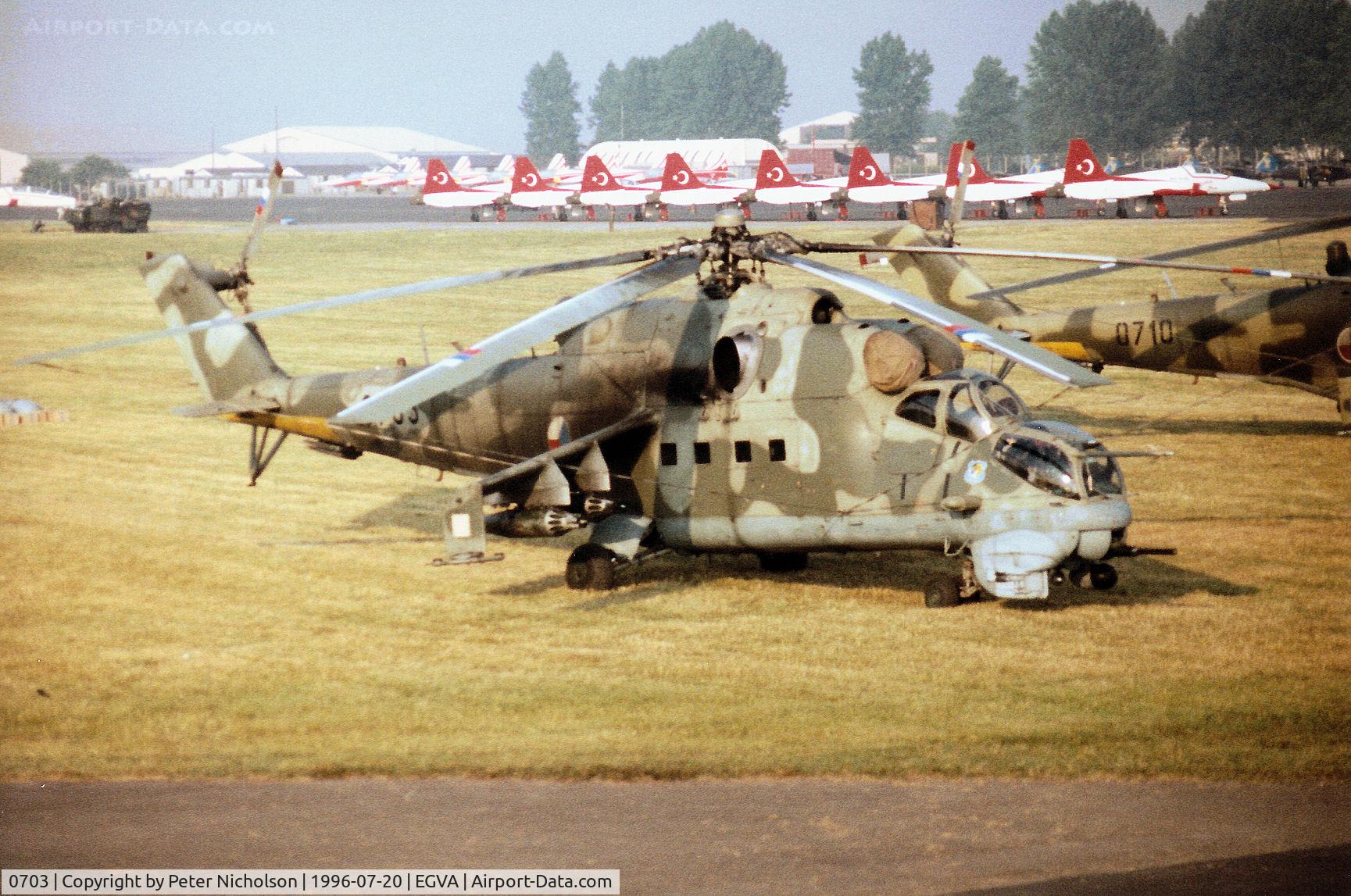 0703, Mil Mi-24V Hind E C/N 730703, Mi-24V Hind E helicopter gunship of 331 Squadron Czech Air Force on display at the 1996 Royal Intnl Air Tattoo at RAF Fairford.