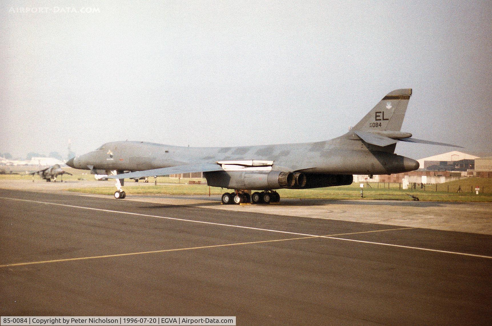 85-0084, 1985 Rockwell B-1B Lancer C/N 44, B-1B Lancer named Brute Force of the 37th Bomb Squadron/28th Bomb Wing at Ellsworth AFB on the flight-line at the 1996 Royal Intnl Air Tattoo at RAF Fairford.