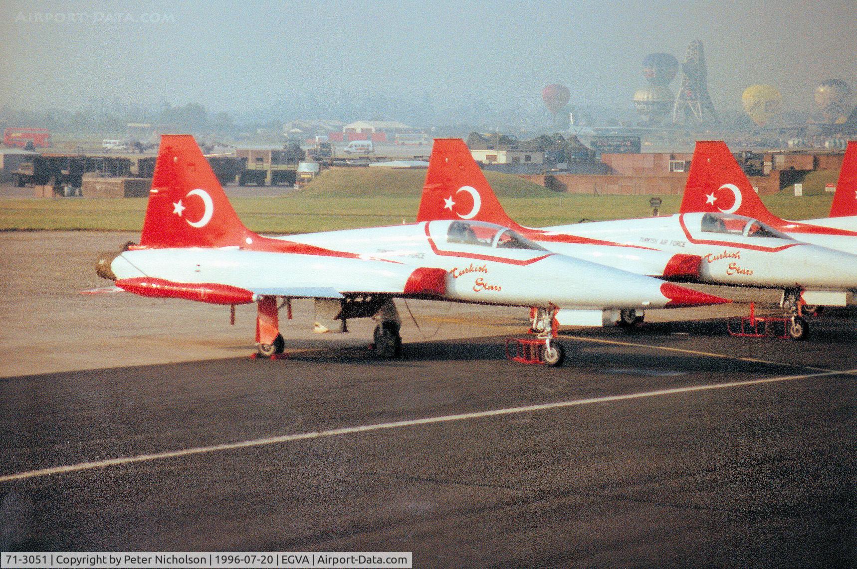 71-3051, 1971 Canadair NF-5A Freedom Fighter C/N 3051, NF-5A Freedom Fighter of the Turkish Stars aerobatic display team on the flight-line at the 1996 Royal Intnl Air Tattoo at RAF Fairford.