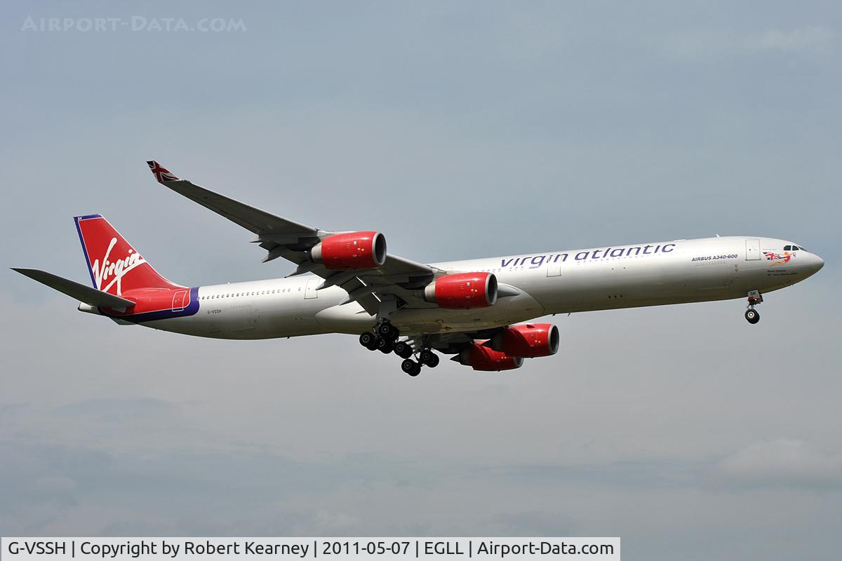 G-VSSH, 2004 Airbus A340-642 C/N 615, On short finals for r/w 9L