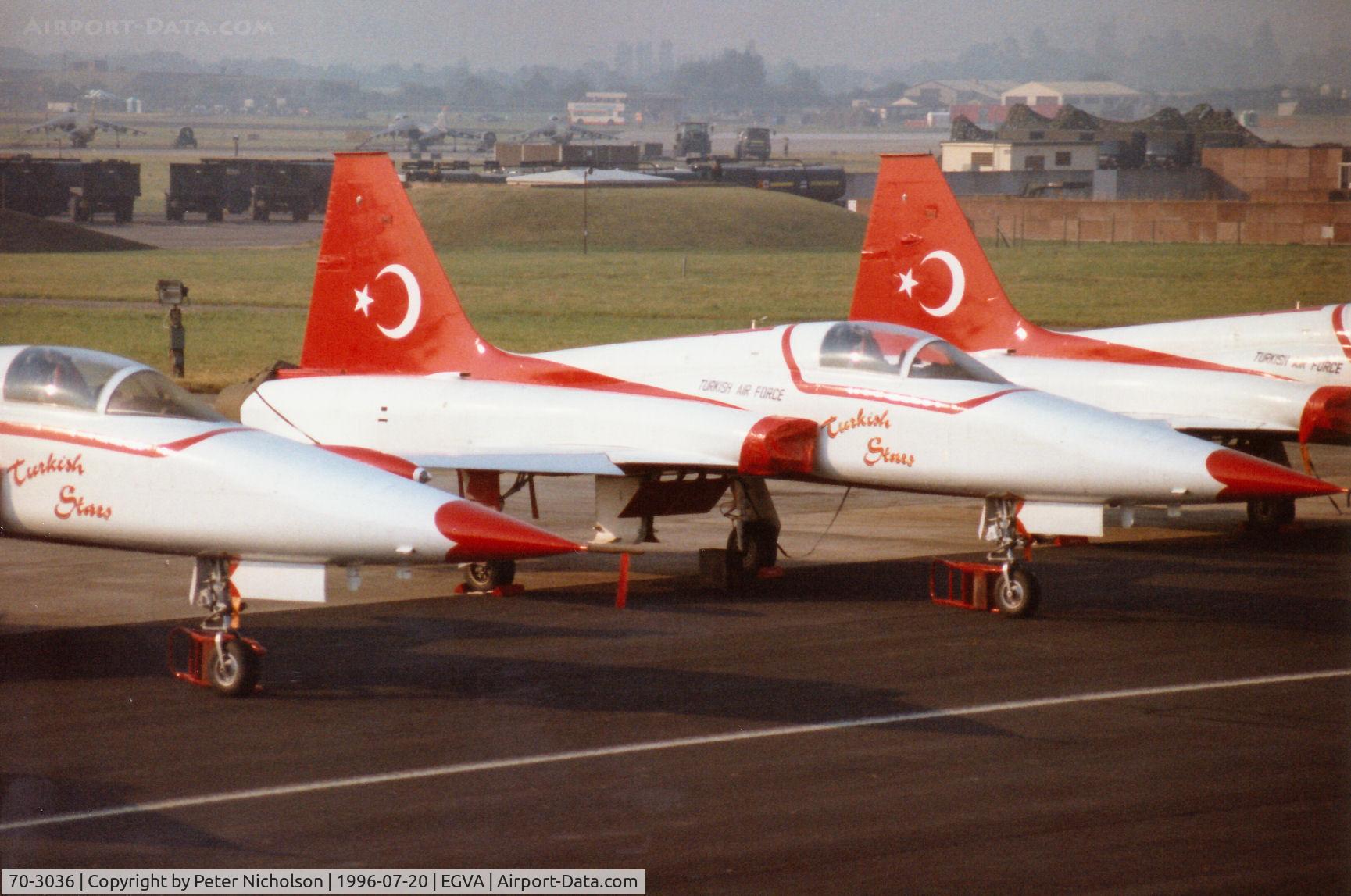70-3036, 1970 Canadair NF-5A Freedom Fighter C/N 3036, NF-5A Freedom Fighter of the Turkish Stars aerobatic team on the flight-line at the 1996 Royal Intnl Air Tattoo at RAF Fairford.