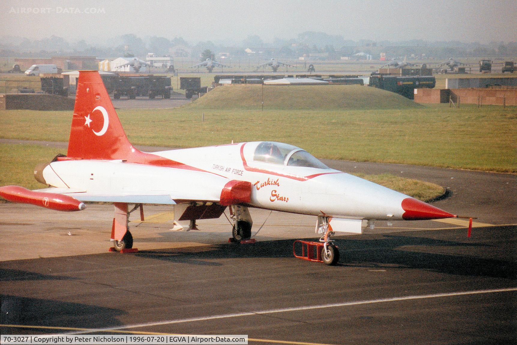 70-3027, Northrop NF-5A Freedom Fighter C/N 3027, NF-5A Freedom Fighter of 134 Filo of the Turkish Air Force's Turkish Stars display team on the flight-line at the 1996 Royal Intnl Air Tattoo at RAF Fairford.