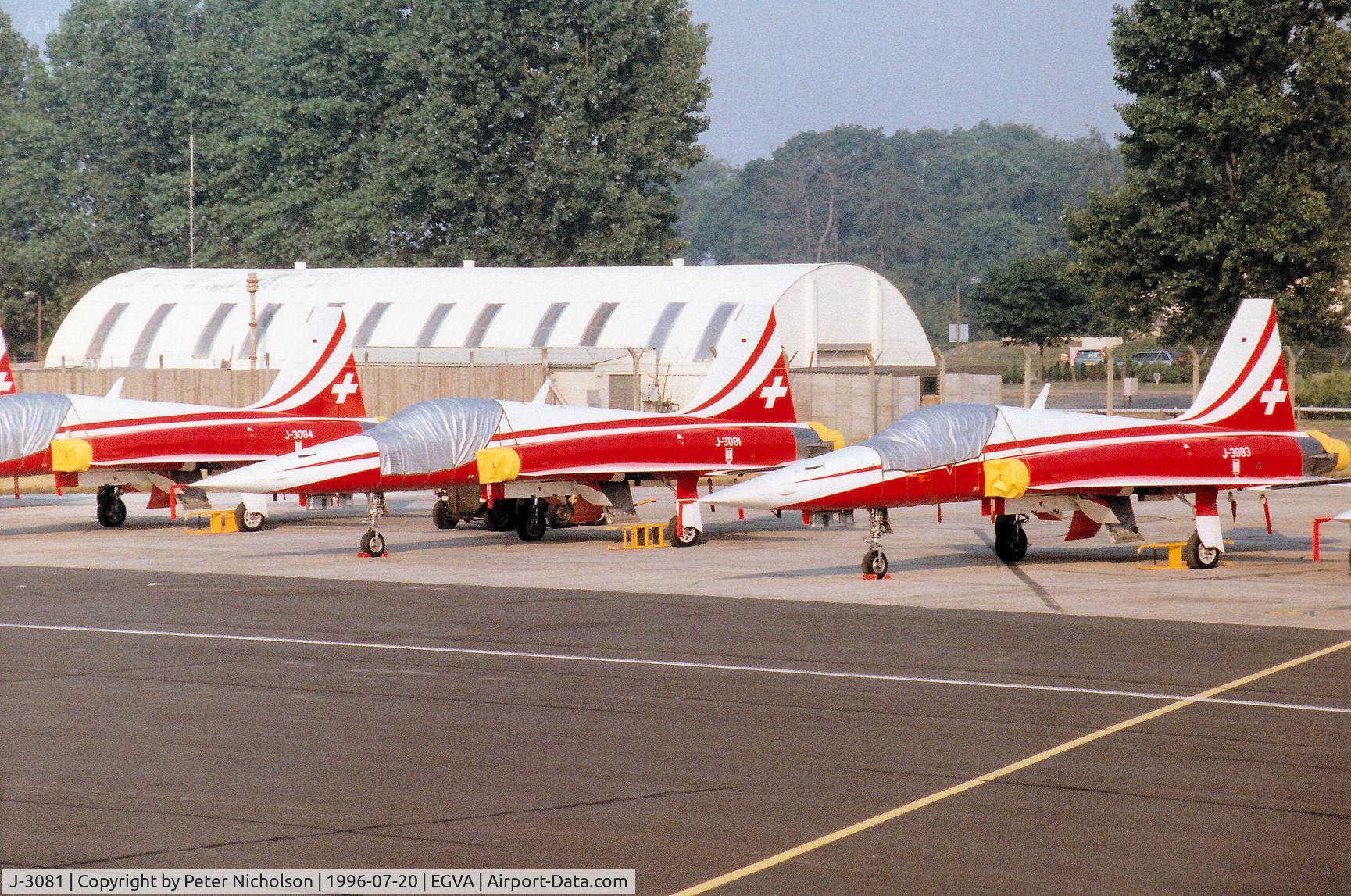 J-3081, Northrop F-5E Tiger II C/N L.1081, F-5E Tiger II of the Patrouille Suisse aerobatic display team on the flight-line at the 1996 Royal Intnl Air Tattoo at RAF Fairford.