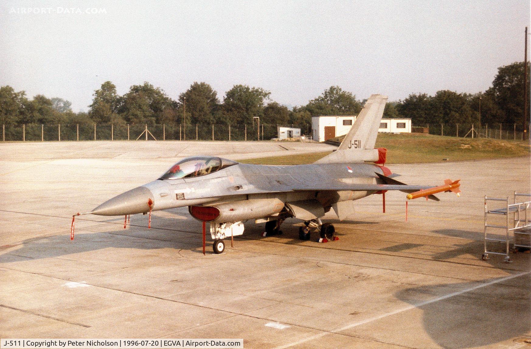 J-511, 1989 Fokker F-16A Fighting Falcon C/N 6D-150, F-16A Falcon of 306 Squadron of the Royal Netherlands Air Force on the flight-line at the 1996 Royal Intnl Air Tattoo at RAF Fairford.