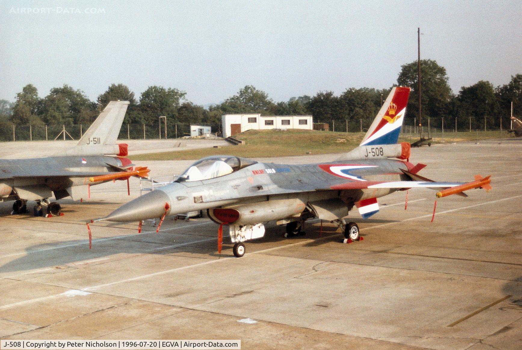 J-508, 1987 Fokker F-16A Fighting Falcon C/N 6D-147, F-16A Falcon of 306 Squadron Royal Netherlands Air Force on the flight-line at the 1996 Royal Intnl Air Tattoo at RAF Fairford.