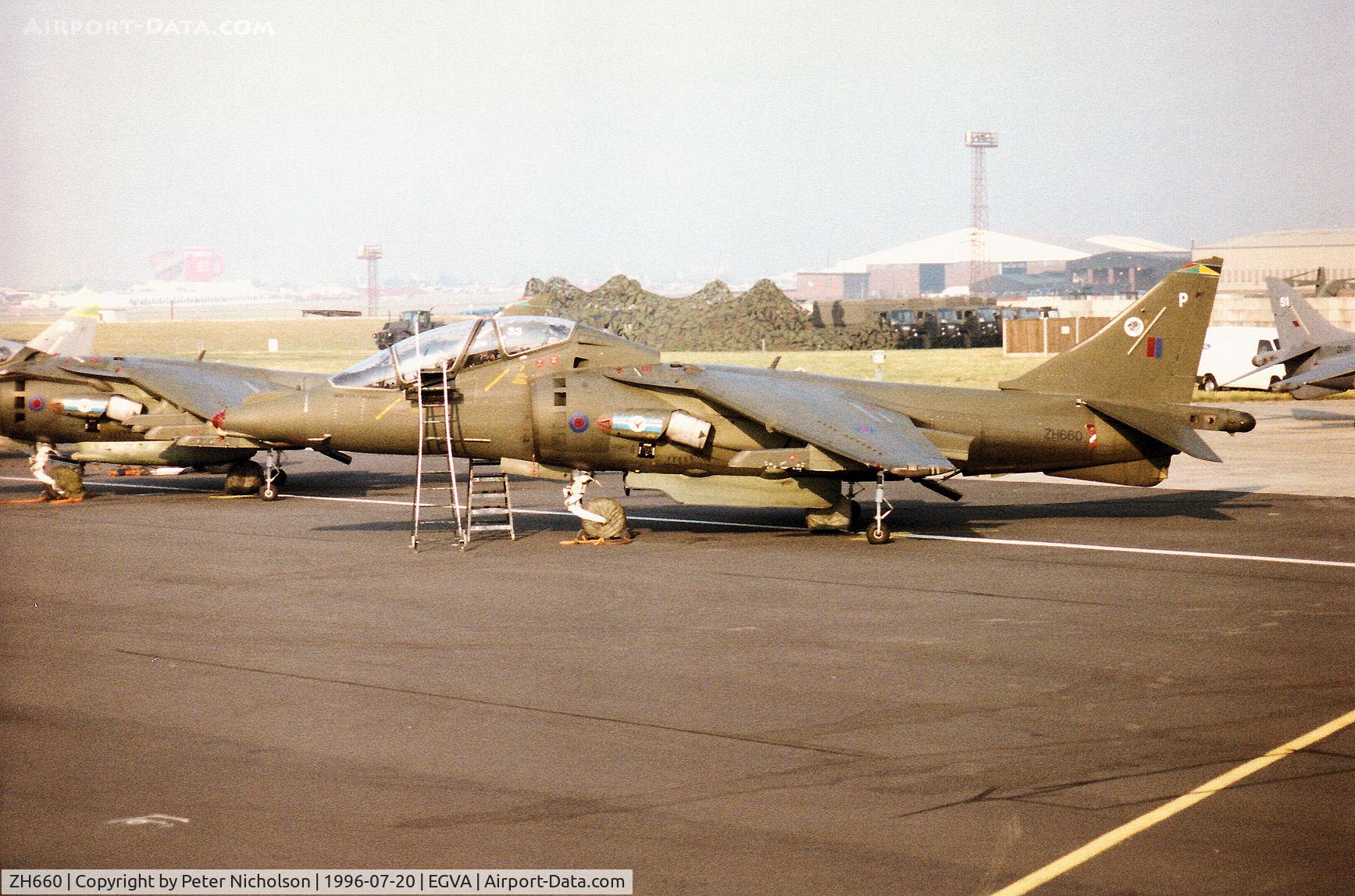 ZH660, 1995 British Aerospace Harrier T.10 C/N TX008, Harrier T.10 of 20[Reserve] Squadron at RAF Wittering on the flight-line at the 1996 Royal Intnl Air Tattoo at RAF Fairford.