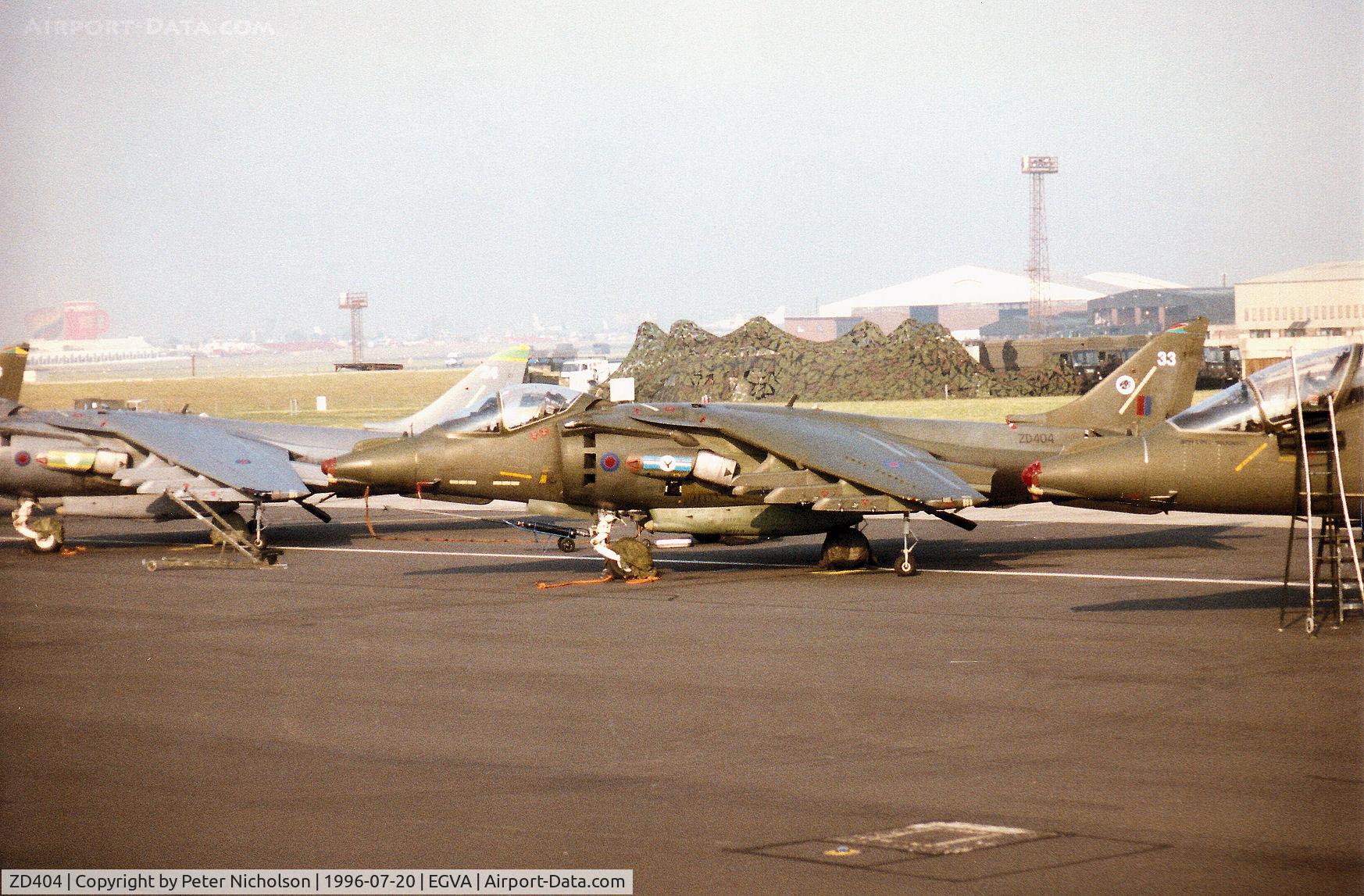 ZD404, 1988 British Aerospace Harrier GR.7 C/N P33, Harrier GR.7 of 20[Reserve] Squadron at RAF Wittering on the flight-line at the 1996 Royal Intnl Air Tattoo at RAF Fairford.