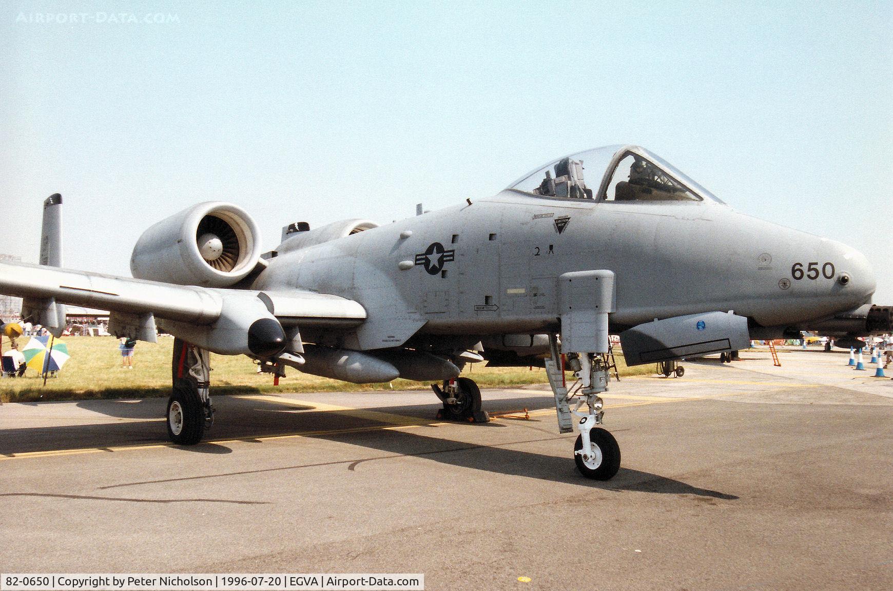 82-0650, 1980 Fairchild Republic A-10A Thunderbolt II C/N A10-0698, A-10A Thunderbolt of 81st Fighter Squadron/52nd Fighter Wing based at Spangdahlem on display at the 1996 Royal Intnl Air Tattoo at RAF Fairford.
