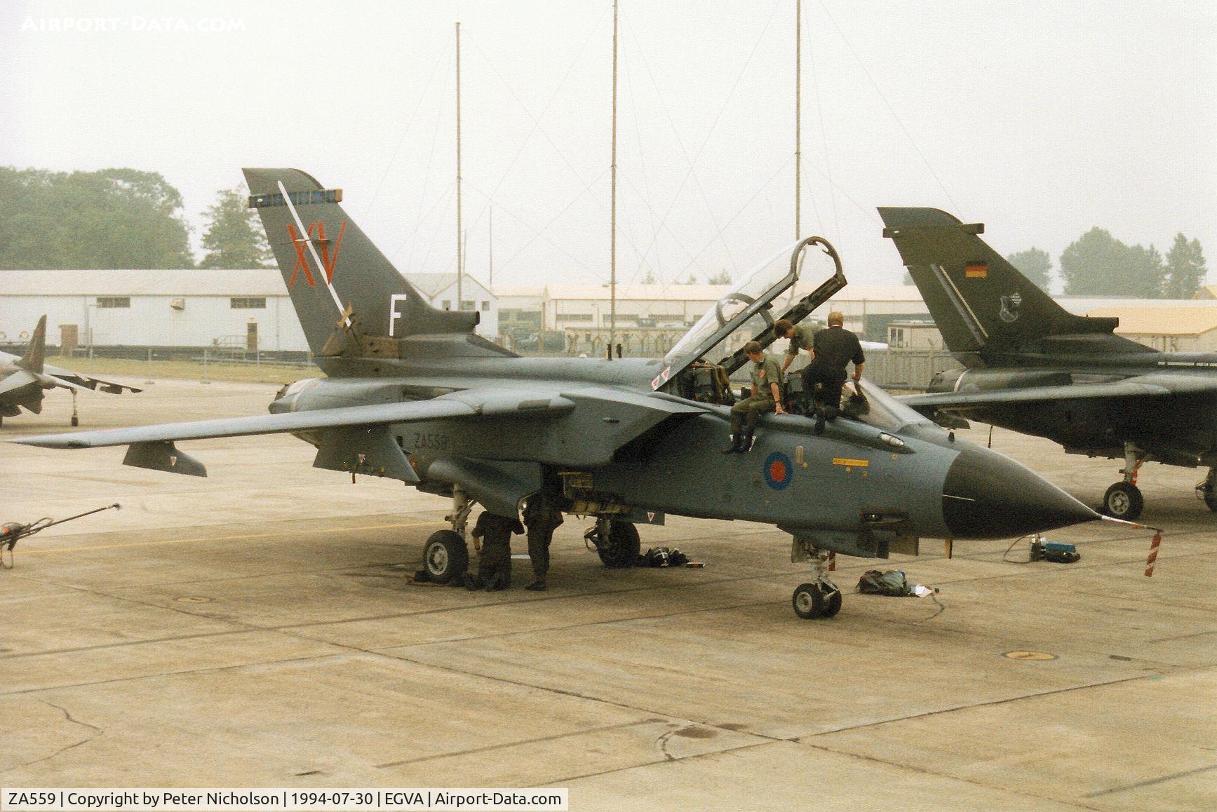 ZA559, 1981 Panavia 081/BS023/3043 C/N 081/BS023/3043, Tornado GR.1 named MacRoberts Reply of 15[Reserve] Squadron at RAF Lossiemouth on the flight-line at the 1994 Intnl Air Tattoo at RAF Fairford.