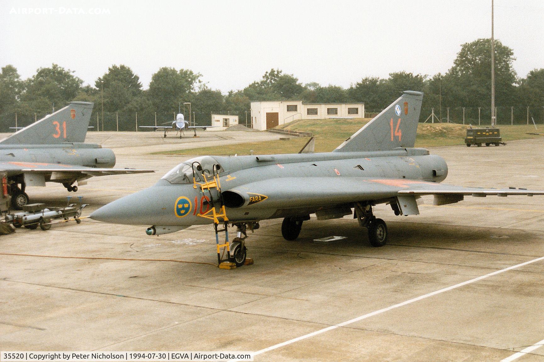 35520, Saab J-35F Draken C/N 35-520, Another view of the J-35F Draken of F10 Wing Royal Swedish Air Force on the flight-line at the 1994 Intnl Air Tattoo at RAF Fairford.