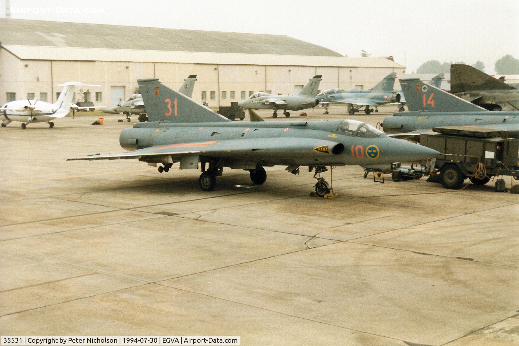 35531, Saab J-35F Draken C/N 35-531, J-35F Draken of F10 Wing Royal Swedish Air Force on the flight-line at the 1994 Intnl Air Tattoo at RAF Fairford.