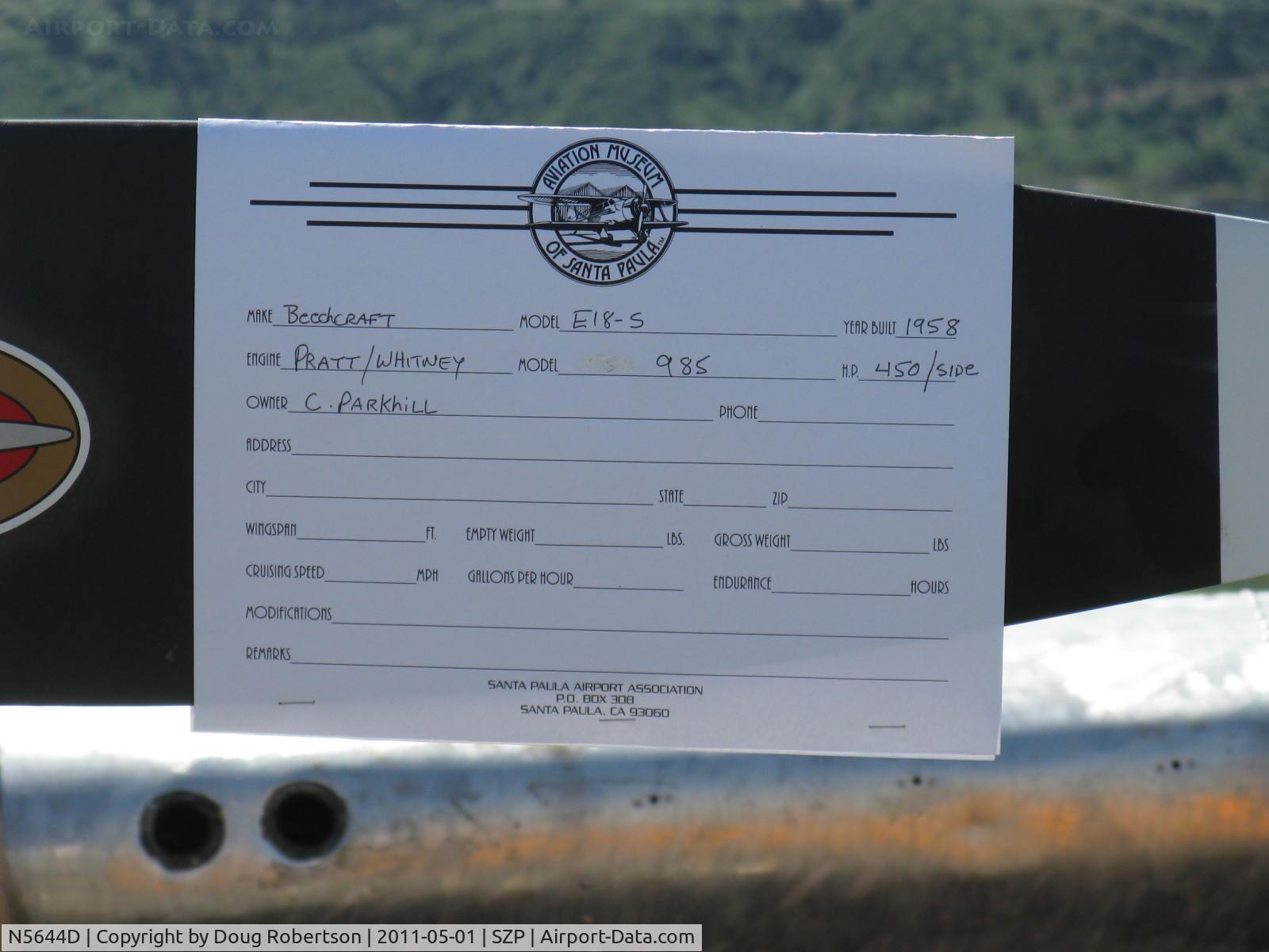N5644D, 1958 Beech E18S-9700 C/N BA-360, 1958 Beech SUPER E18S, two P&W R-985 Wasp Jrs 450 Hp each, data