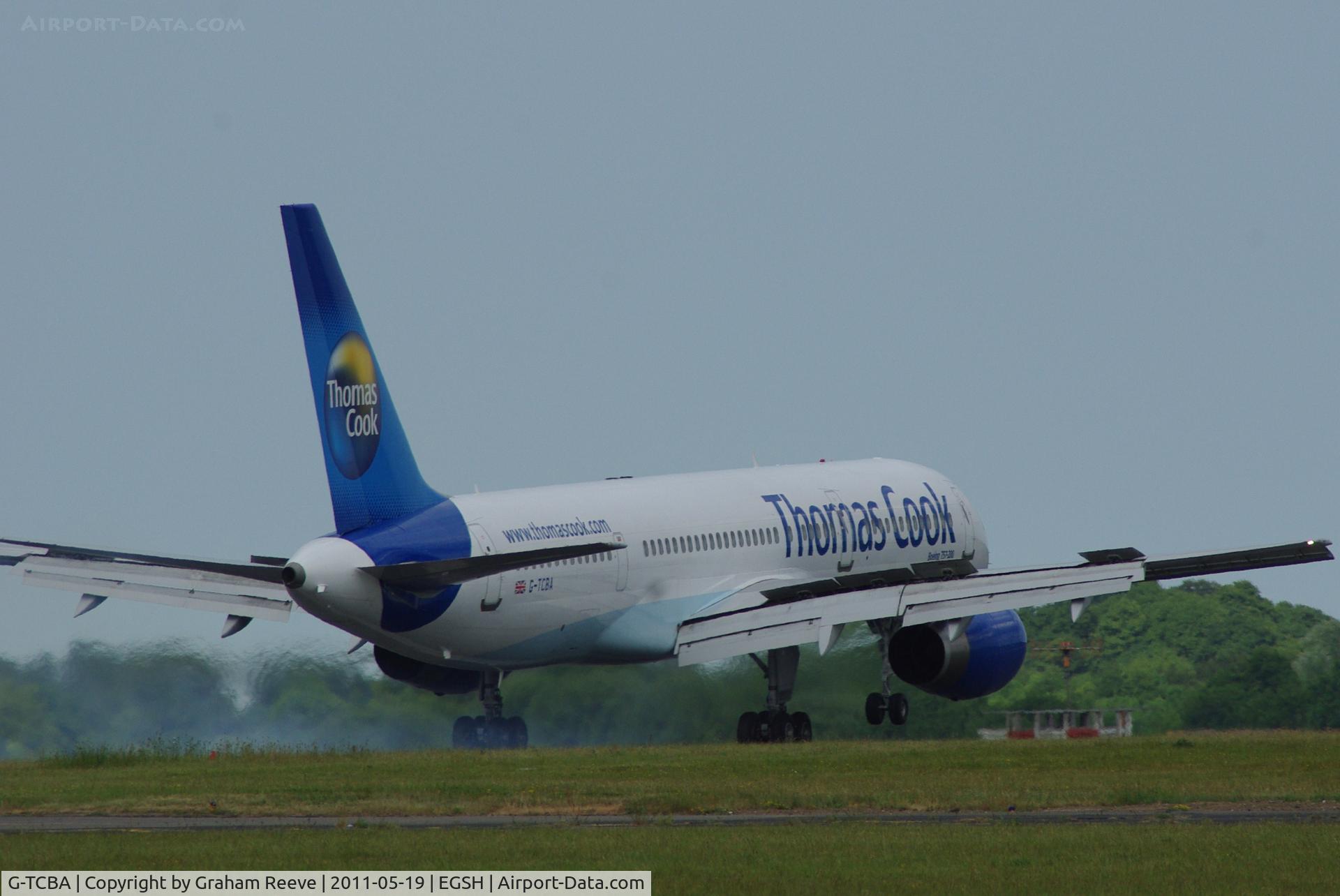 G-TCBA, 1998 Boeing 757-28A C/N 28203, Landing at Norwich.
