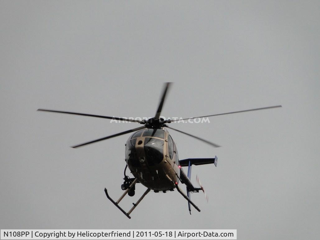 N108PP, 2008 MD Helicopters 369E C/N 0578E, Slowing the ship down for a landing on the street to be displayed at Pomona PD Centennial Celebration and Open House