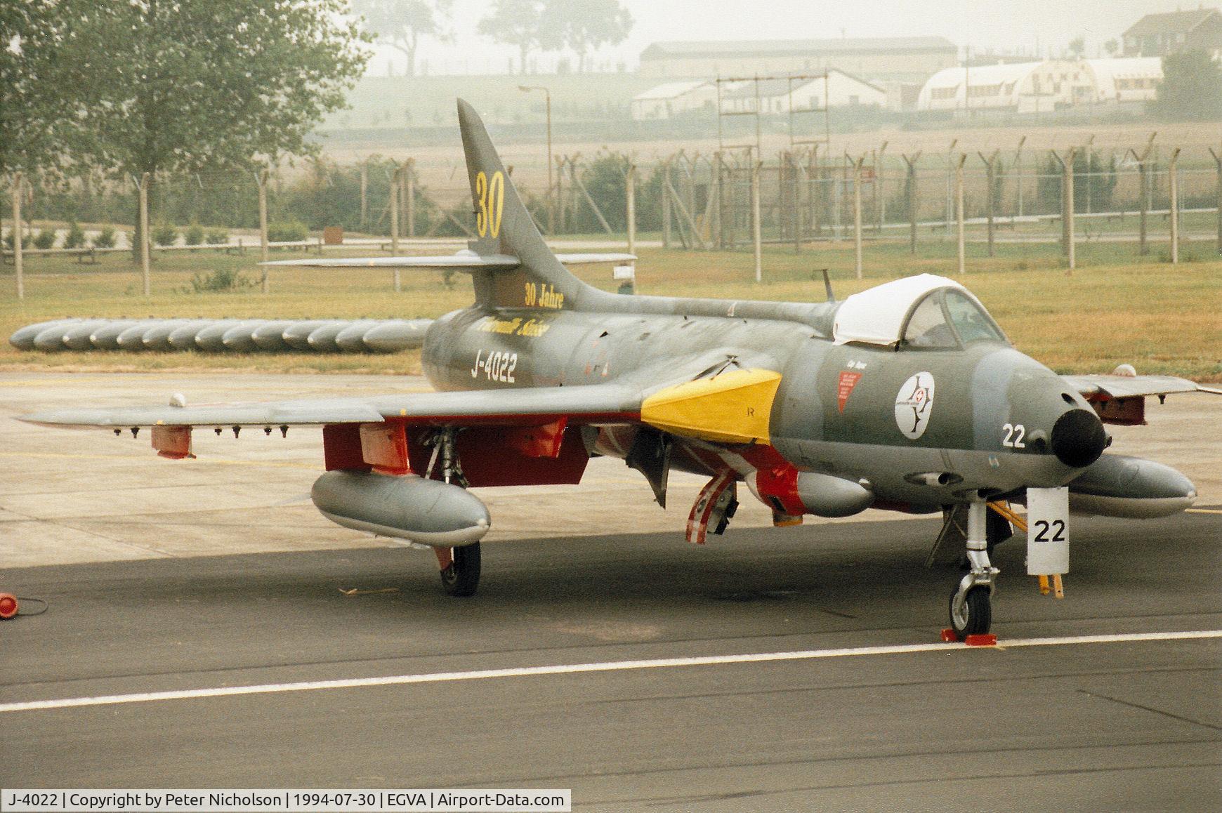 J-4022, 1955 Hawker Hunter F.58 C/N 41H-697389, Hunter F.58 of the Patrouille Suisse aerobatic display team in 30 years anniversary markings on the flight-line at the 1994 Intnl Air Tattoo at RAF Fairford.