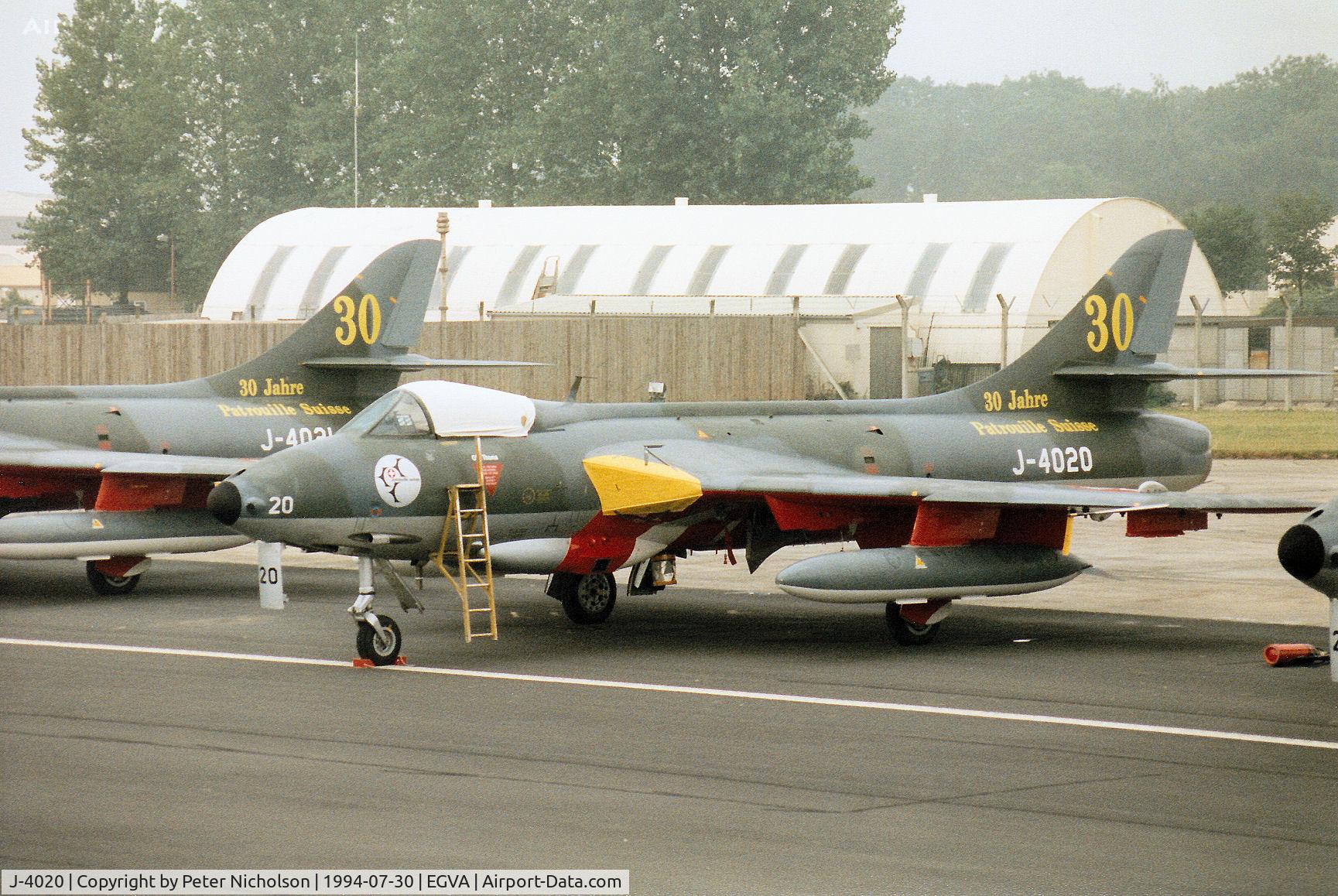 J-4020, 1959 Hawker Hunter F.58 C/N 41H-691768, Hunter F.58 of the Patrouille Suisse aerobatic display team in 30 years anniversary markings on the flight-line at the 1994 Intnl Air Tattoo at RAF Fairford.