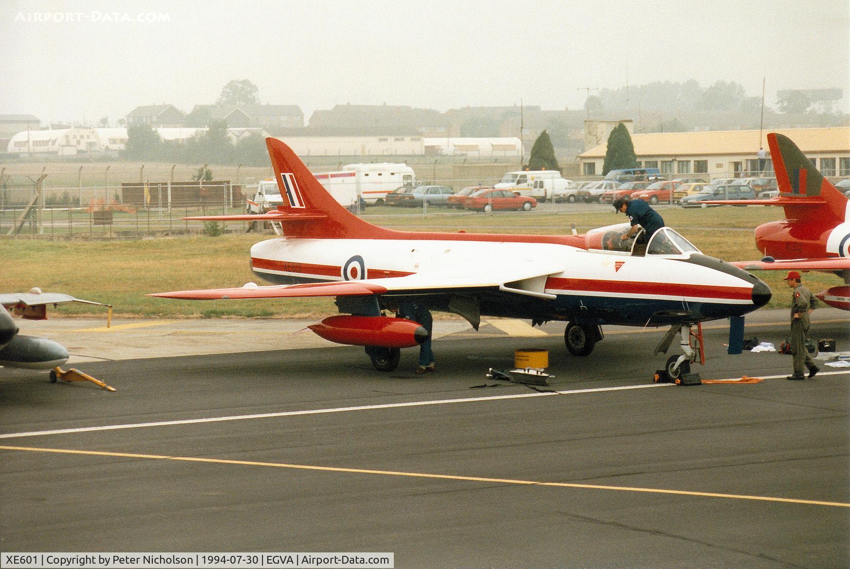 XE601, 1956 Hawker Hunter FGA.9 C/N 41H/679959, Hunter FGA.9, callsign Gauntlet 63, of the Aeroplane & Armament Experimental Establishment at Boscombe Down on the flight-line at the 1994 Intnl Air Tattoo at RAF Fairford.