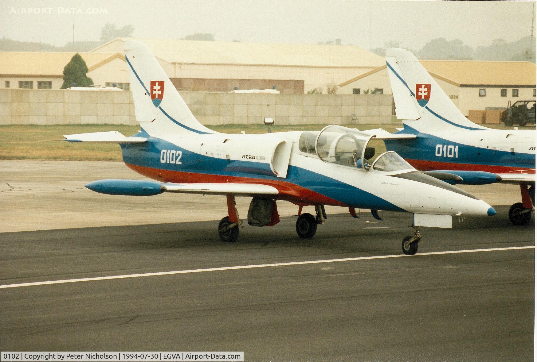 0102, Aero L-39C Albatros C/N 230102, L-39C Albatross of the Slovak Air Force's White Albatross aerobatic display team on the flight-line at the 1994 Intnl Air Tattoo at RAF Fairford.