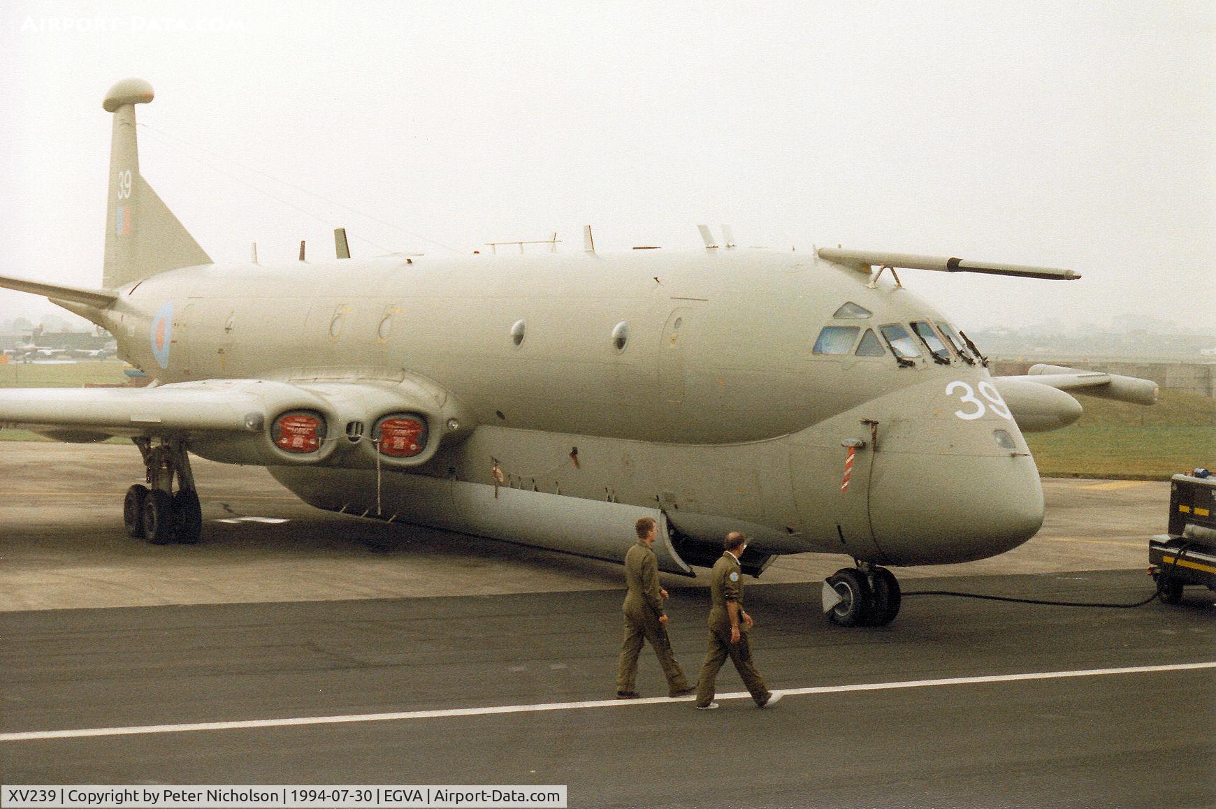 XV239, Hawker Siddeley Nimrod MR.2 C/N 8014, Nimrod MR.2 of the Kinloss Strike Wing on the flight-line at the 1994 Intnl Air Tattoo at RAF Fairford.