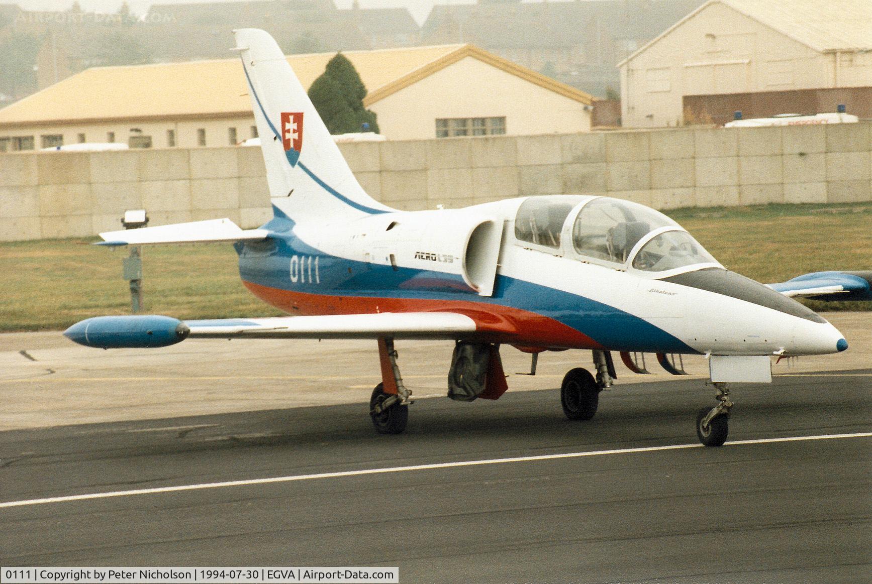 0111, Aero L-39 Albatros C/N 530111, L-39C Albatross of the Slovak Air Force's White Albatross aerobatic display team on the flight-line at the 1994 Intnl Air Tattoo at RAF Fairford.