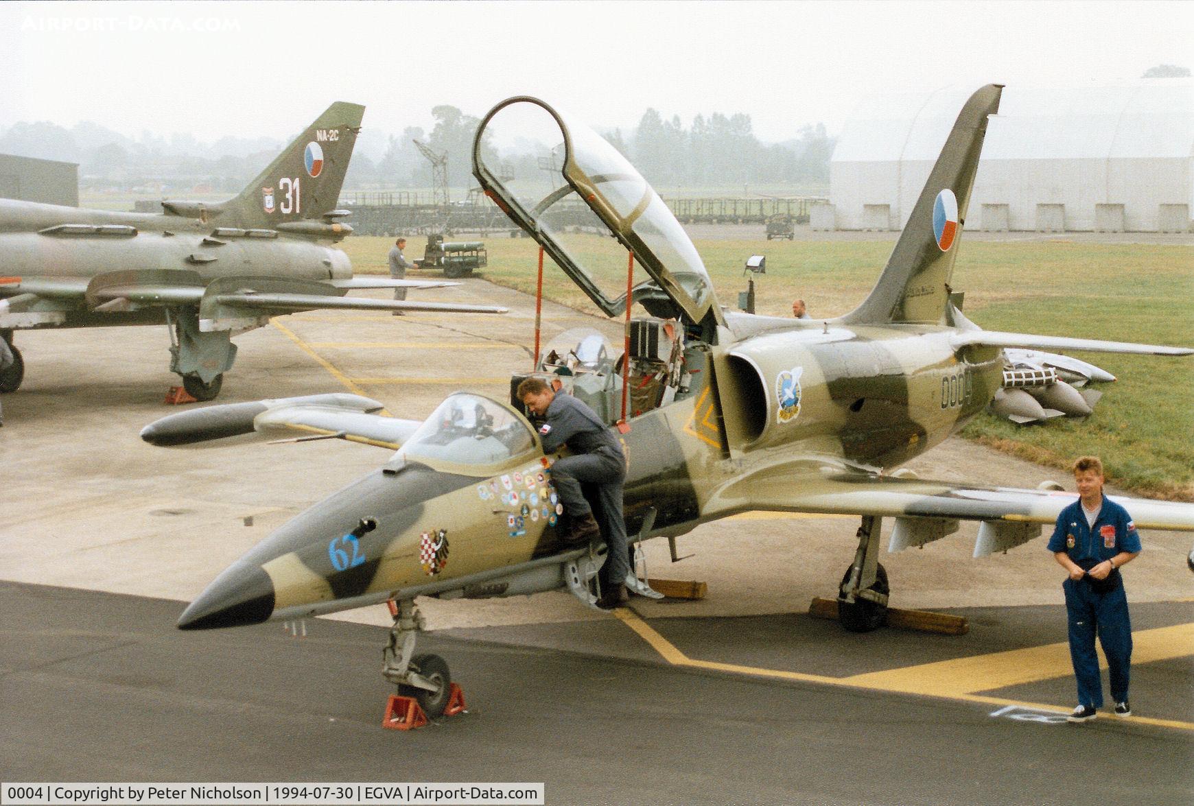 0004, 1992 Aero L-39MS Albatros C/N 040004, L-39MS of 1 LSP Czech Air Force on the flight-line at the 1994 Intnl Air Tattoo at RAF Fairford.