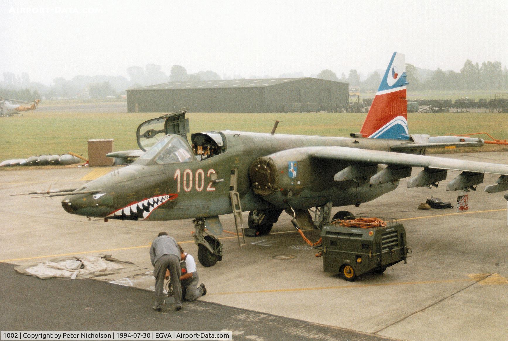 1002, Sukhoi Su-25K C/N 25508110002, Su-25K Frogfoot of 30 BLP Czech Air Force on the flight-line at the 1994 Intnl Air Tattoo at RAF Fairford.