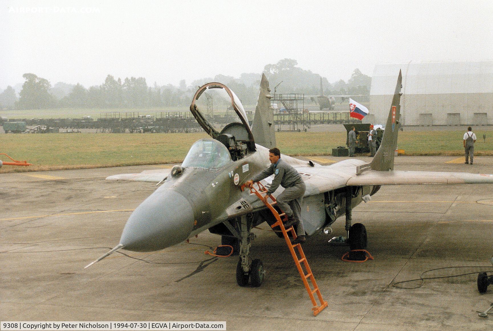 9308, Mikoyan-Gurevich MiG-29A C/N 263983, MiG-29 Fulcrum A of 1 SLP Slovak Air Force on the flight-lne at the 1994 Intnl Air Tattoo at RAF Fairford.