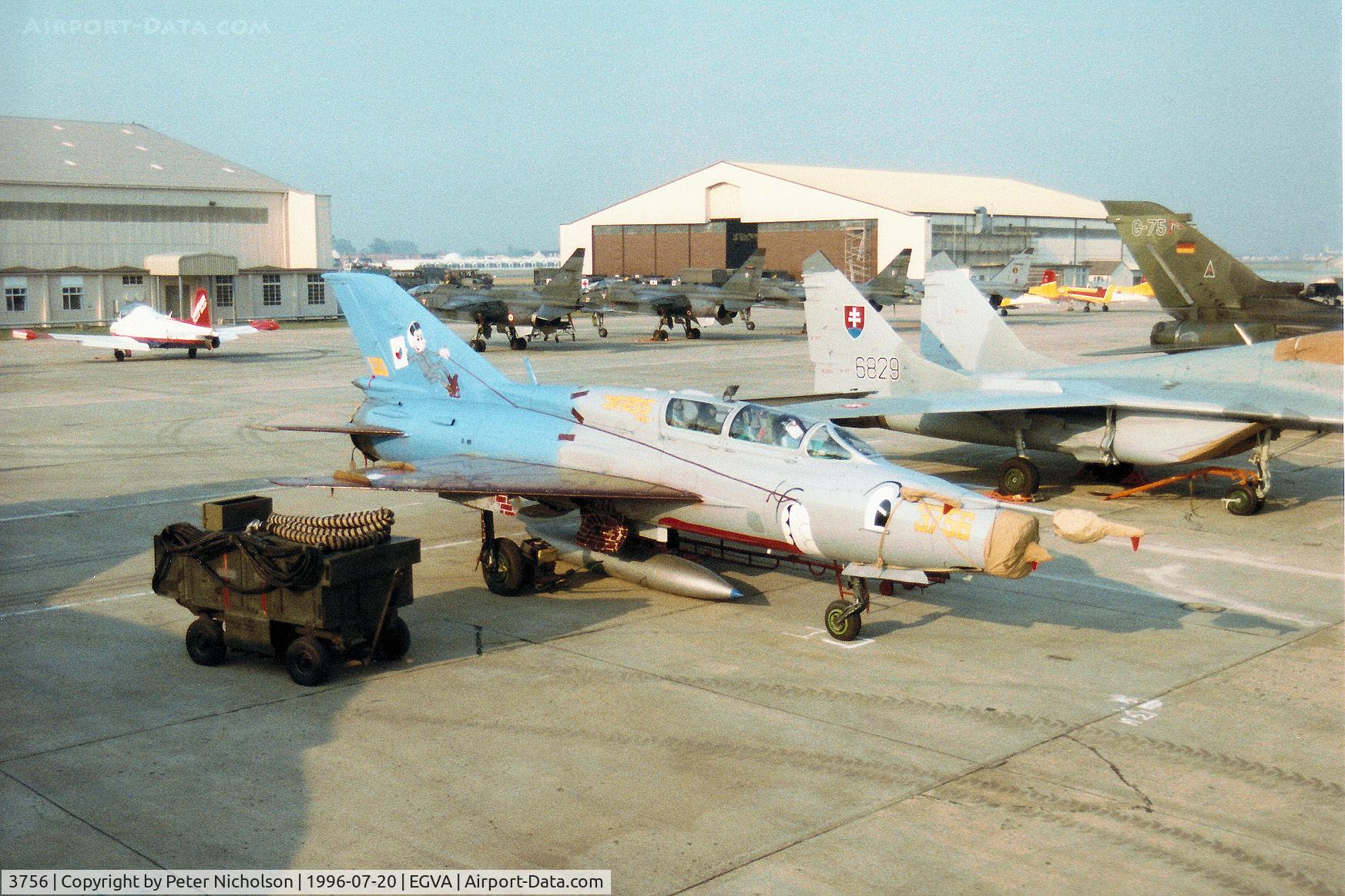 3756, Mikoyan-Gurevich MiG-21UM C/N 516937056, MiG-21UM Mongol of the Czech Air Force Flight Test Centre on the flight-line at the 1996 Royal Intnl Air Tattoo at RAF Fairford.